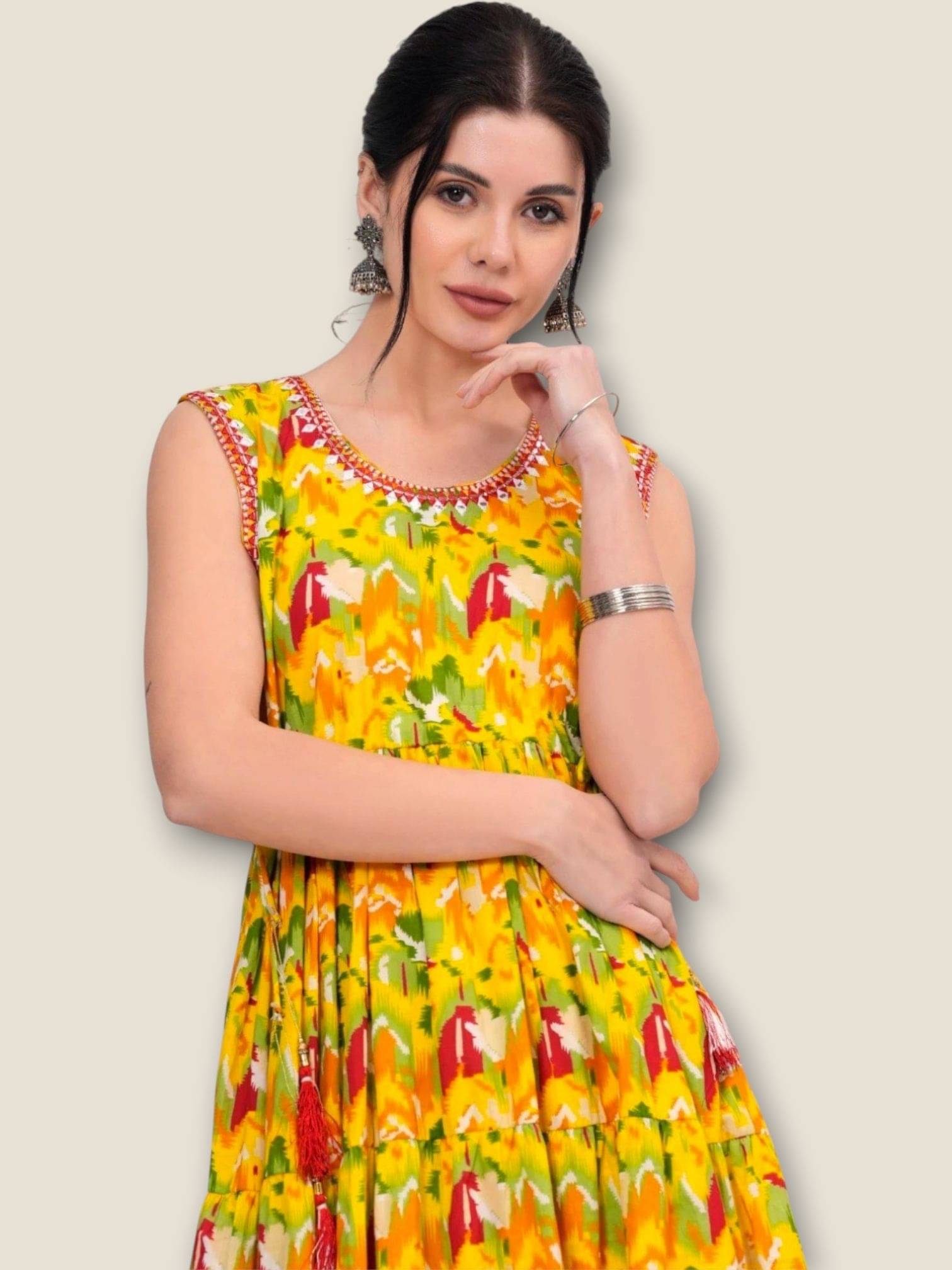 MK creation Women Rayon Printed Gown ( Yellow )     			MK creation Women Rayon Printed Gown ( Yellow )