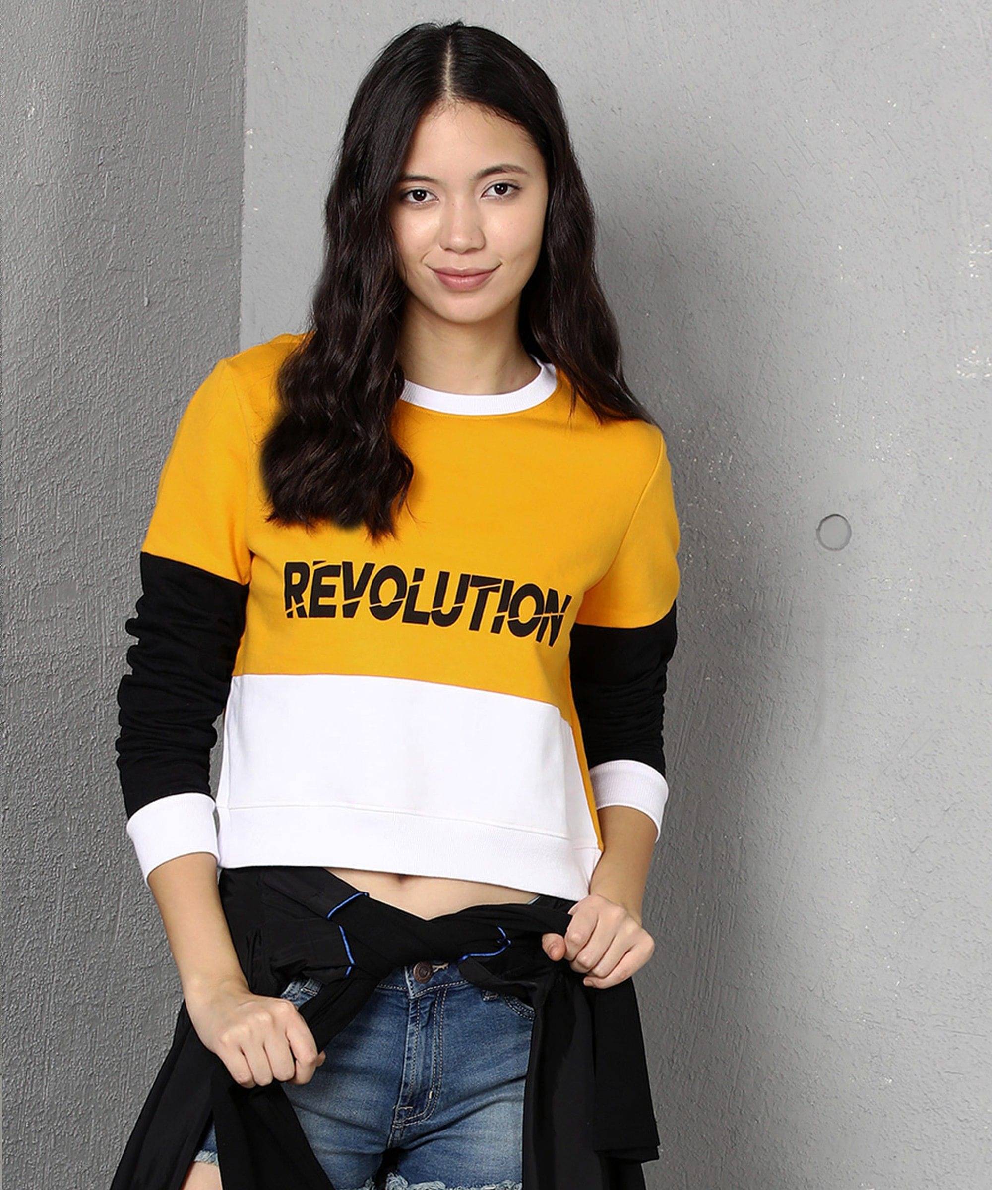 Maniac Women Cotton Blend Round Neck Sweatshirt For Light Winters ( Yellow ) Maniac Women Cotton Blend Round Neck Sweatshirt For Light Winters ( Yellow )