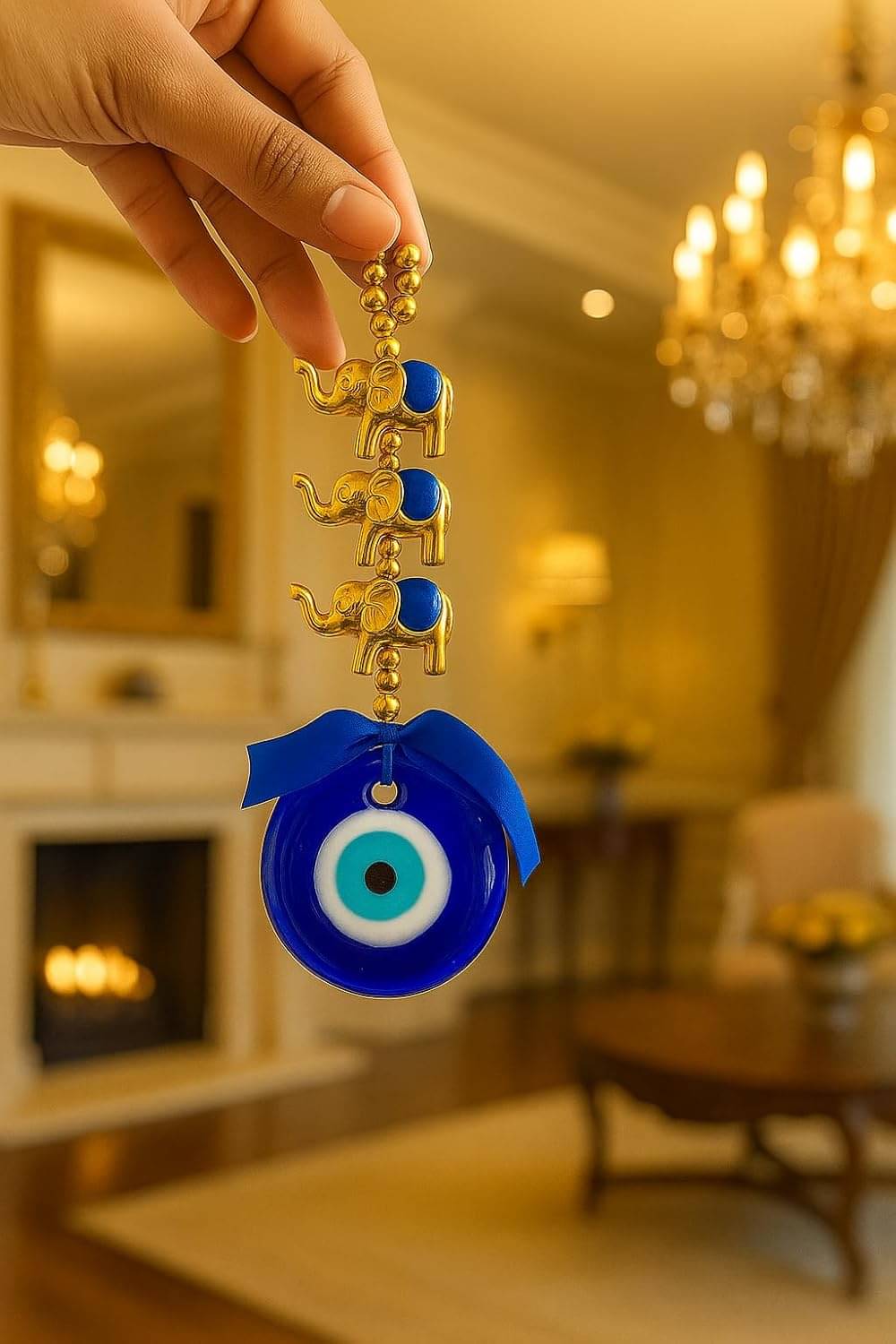 Manifested Decor Evil Eye Wall Hanging with Gold Elephant Charm, Blue Glass Turkish Nazar Amulet, Home Protection Decor     			Manifested Decor Evil Eye Wall Hanging with Gold Elephant Charm, Blue Glass Turkish Nazar Amulet, Home Protection Decor