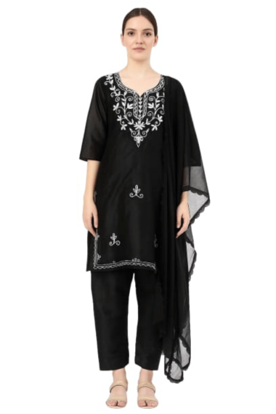 Nafee Designers Women Rayon Embroidered Straight Kurti With Salwar ( Black )     			Nafee Designers Women Rayon Embroidered Straight Kurti With Salwar ( Black )