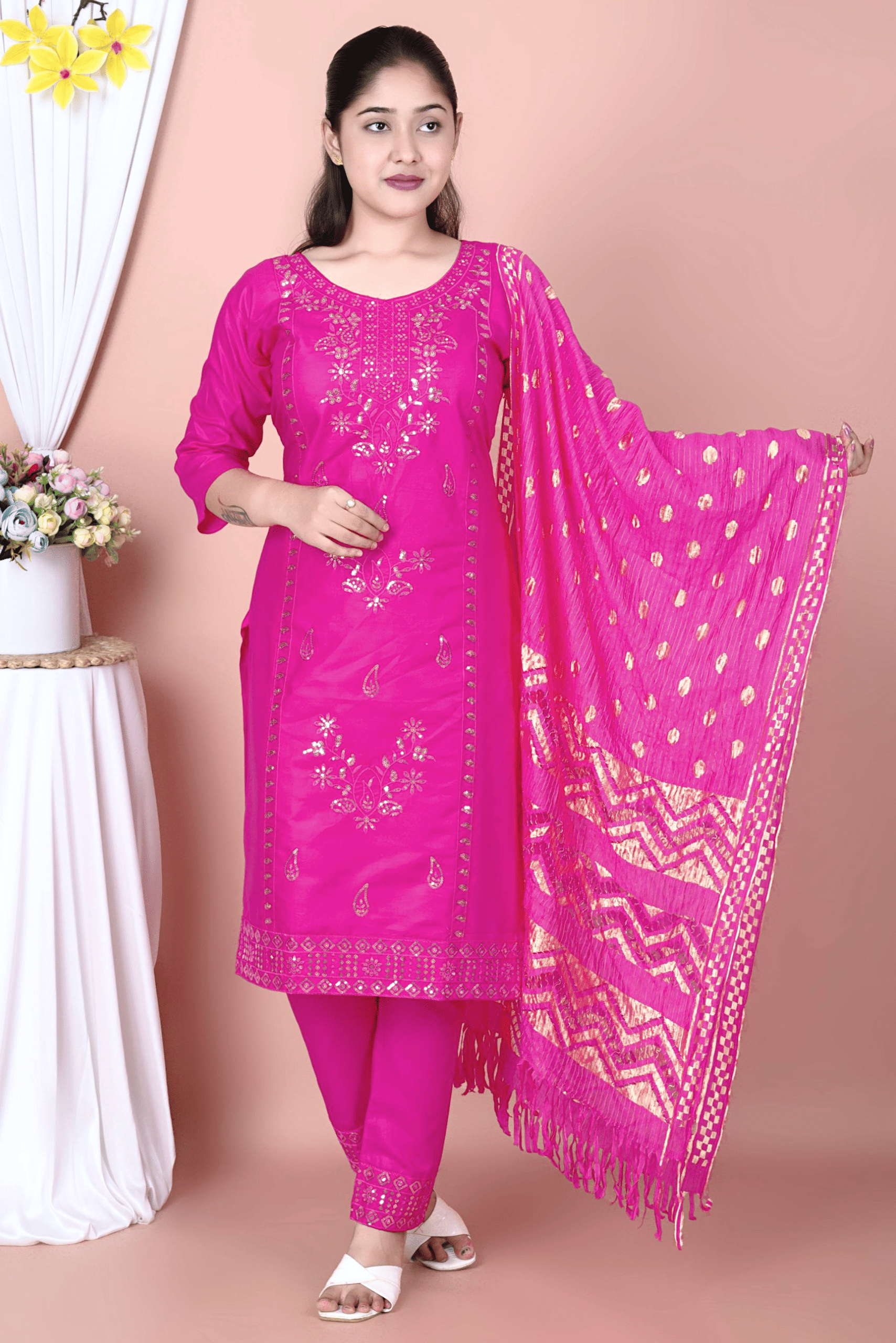 R.POLO Women Rayon Solid A-line Kurti With Churidar ( Pink )     			R.POLO Women Rayon Solid A-line Kurti With Churidar ( Pink )