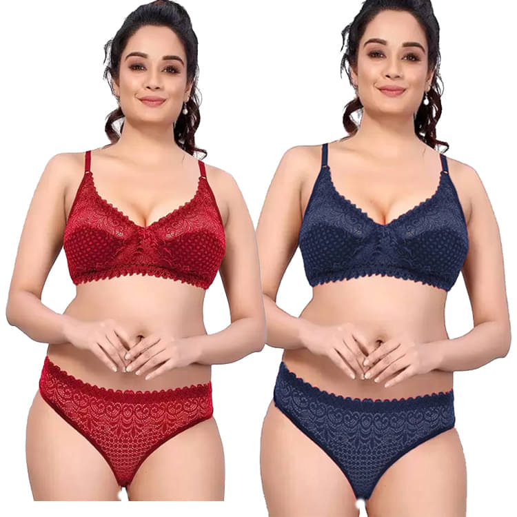 ROMANTIC MOOD Pack of 2 Lace Bra & Panty Set For Women ( Maroon,Navy Blue )     			ROMANTIC MOOD Pack of 2 Lace Bra & Panty Set For Women ( Maroon,Navy Blue )