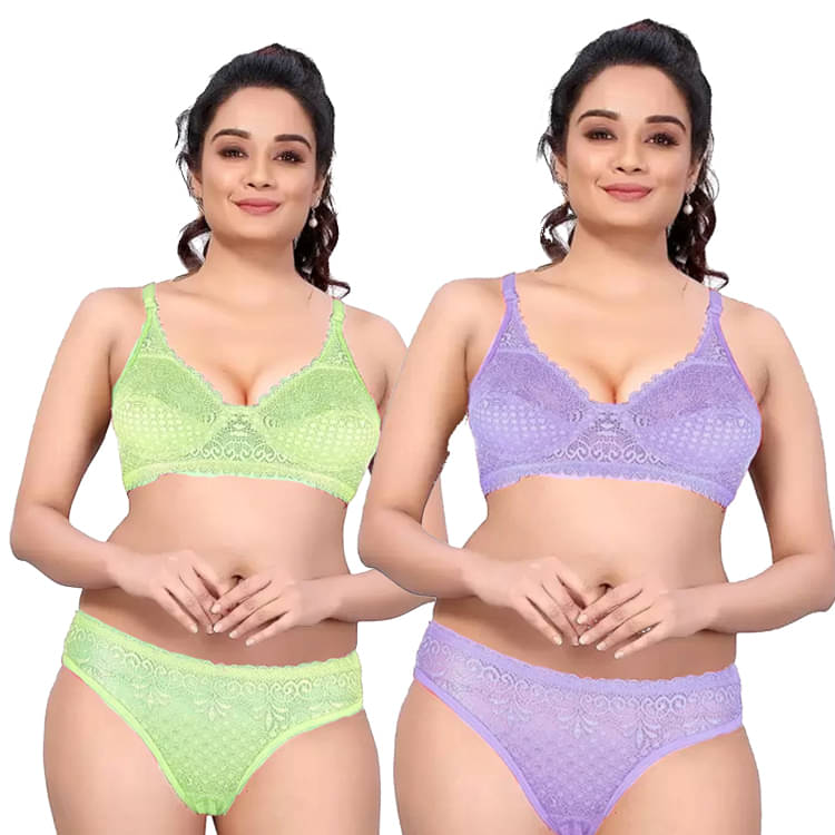 ROMANTIC MOOD Pack of 2 Lace Bra & Panty Set For Women ( Lime Green,Purple )     			ROMANTIC MOOD Pack of 2 Lace Bra & Panty Set For Women ( Lime Green,Purple )