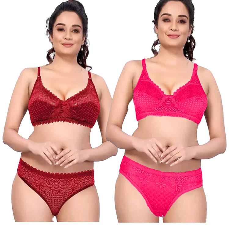 ROMANTIC MOOD Pack of 2 Lace Bra & Panty Set For Women ( Maroon,Magenta )     			ROMANTIC MOOD Pack of 2 Lace Bra & Panty Set For Women ( Maroon,Magenta )