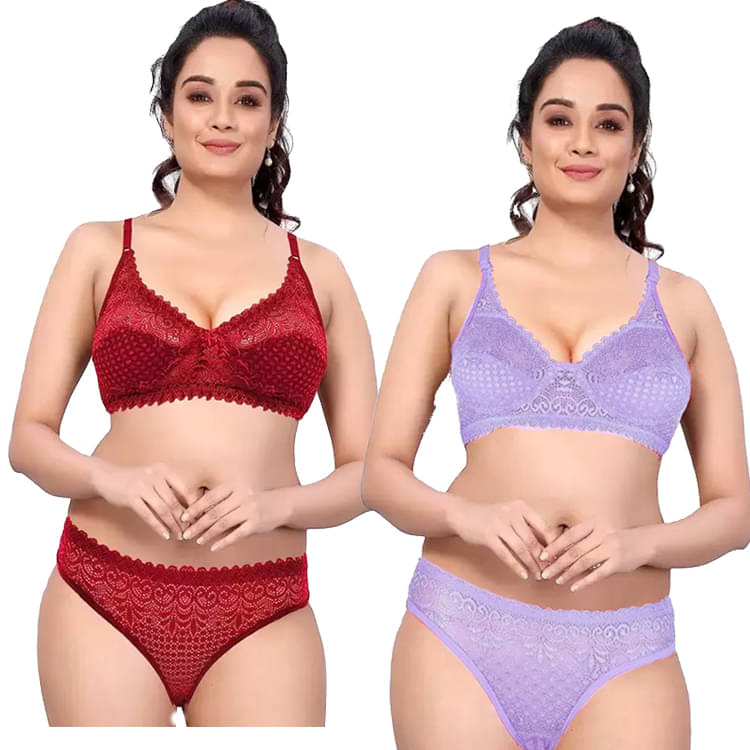 ROMANTIC MOOD Pack of 2 Lace Bra & Panty Set For Women ( Magenta,Purple )     			ROMANTIC MOOD Pack of 2 Lace Bra & Panty Set For Women ( Magenta,Purple )