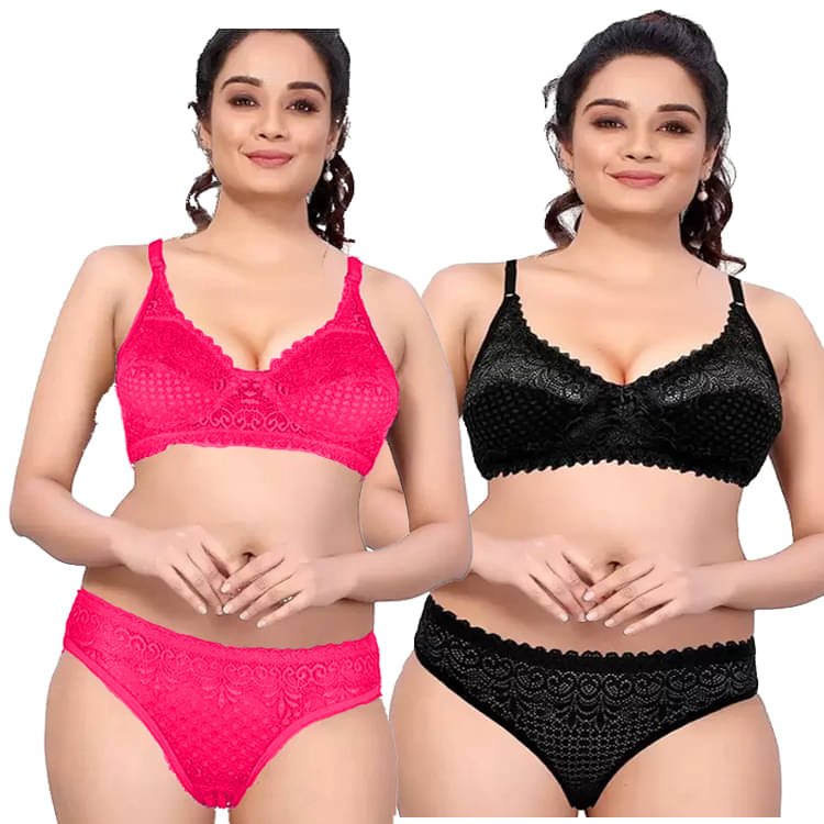 ROMANTIC MOOD Pack of 2 Lace Bra & Panty Set For Women ( Black,Magenta )     			ROMANTIC MOOD Pack of 2 Lace Bra & Panty Set For Women ( Black,Magenta )