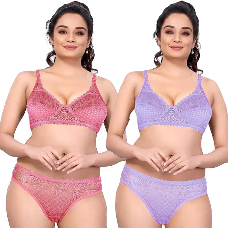 ROMANTIC MOOD Pack of 2 Lace Bra & Panty Set For Women ( Purple,Pink )     			ROMANTIC MOOD Pack of 2 Lace Bra & Panty Set For Women ( Purple,Pink )