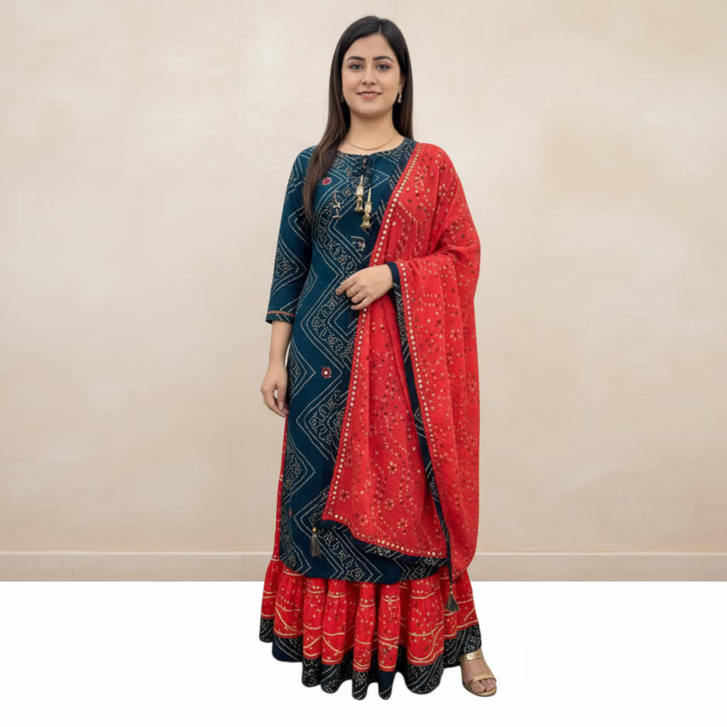 SHRUTI FASHIONNN Women Rayon Printed A-line Kurti With Sharara And Gharara ( Blue,Red )     			SHRUTI FASHIONNN Women Rayon Printed A-line Kurti With Sharara And Gharara ( Blue,Red )