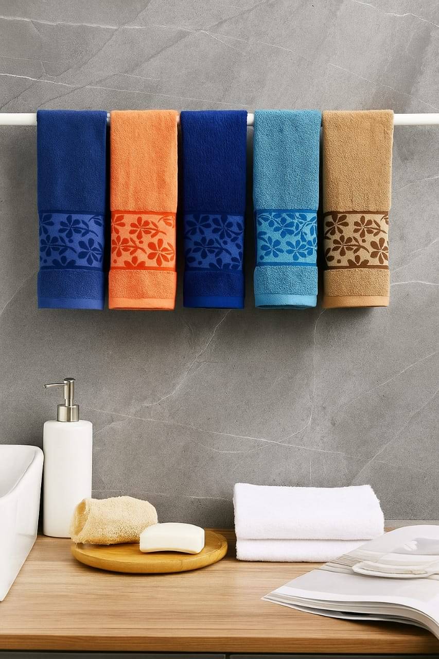 Satisfyn Pack of 5 Cotton 401-450 -GSM Hand Towel ( Assorted )     			Satisfyn Pack of 5 Cotton 401-450 -GSM Hand Towel ( Assorted )