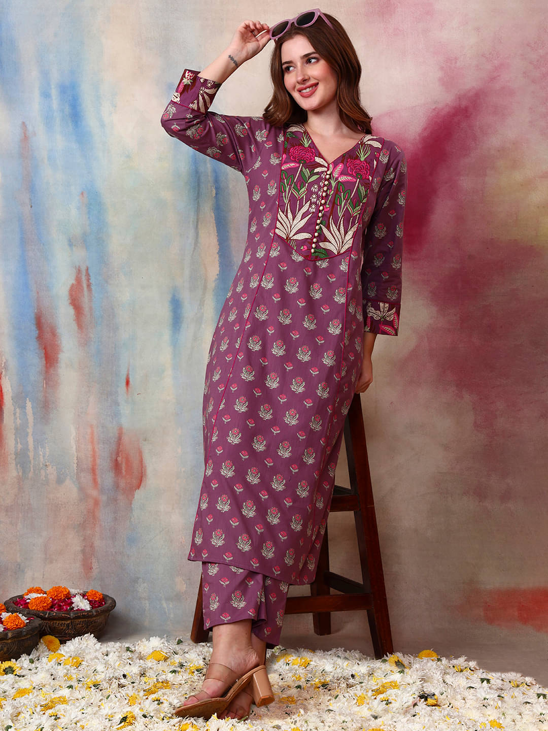 Tissu Women Cotton Printed A-line Kurti With Pants ( Purple ) Tissu Women Cotton Printed A-line Kurti With Pants ( Purple )