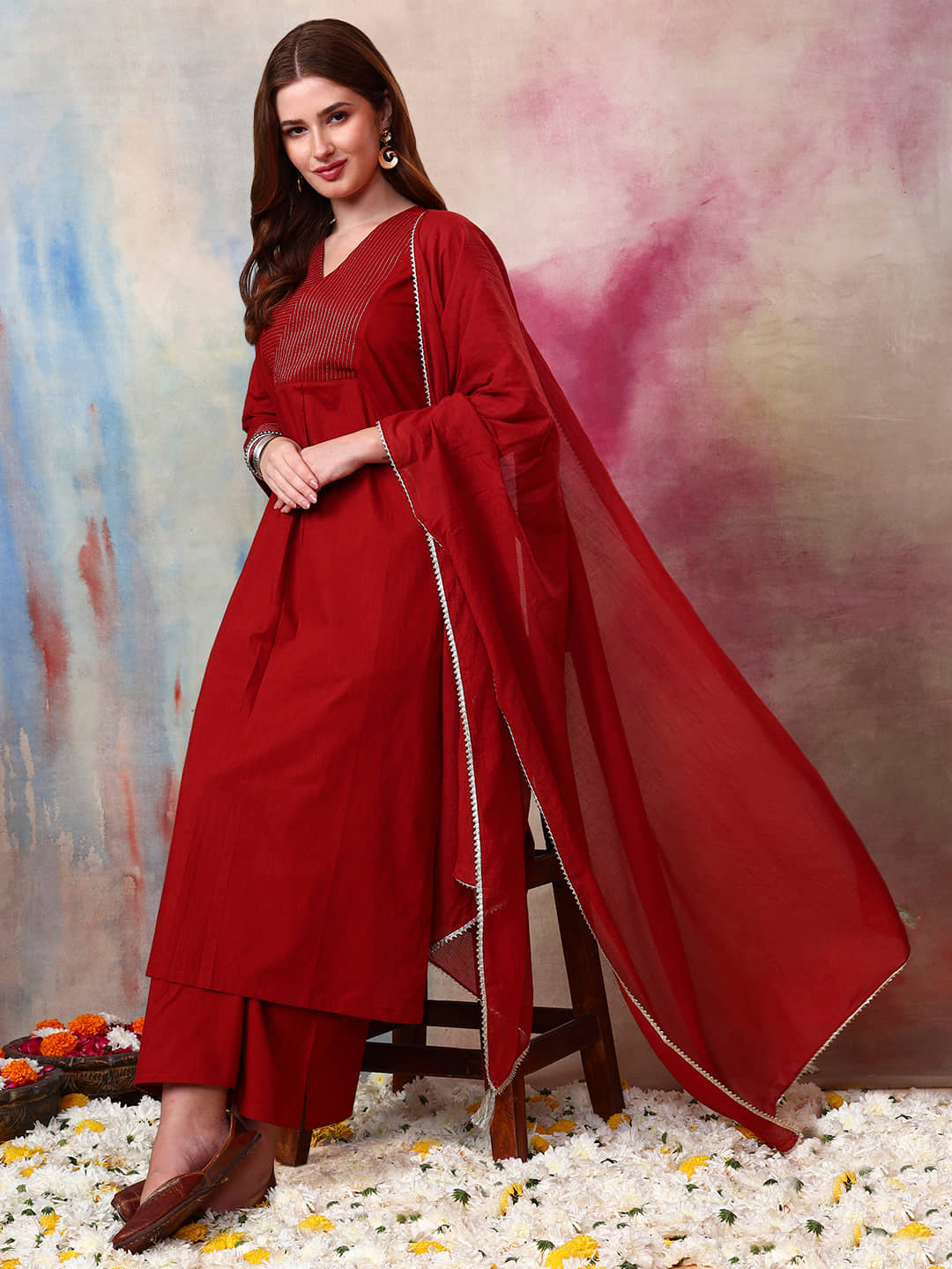 Tissu Women Cotton Printed Straight Kurti With Palazzo ( Burgundy )