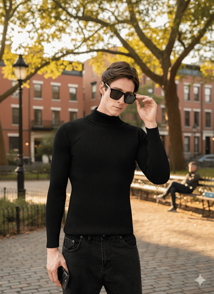 Urban Trees Woollen Blend High Neck Men's Full Sleeves Pullover Sweater - Black ( Pack of 1 )     			Urban Trees Woollen Blend High Neck Men's Full Sleeves Pullover Sweater - Black ( Pack of 1 )