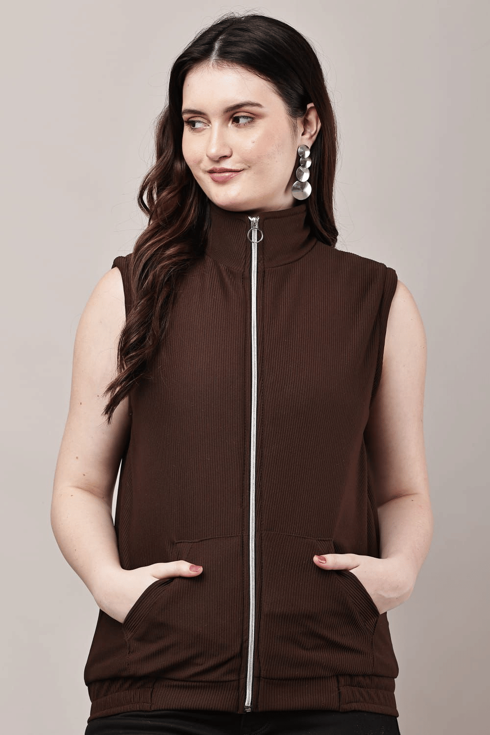     			VEAMOS Women High Neck Regular Jacket ( Brown )