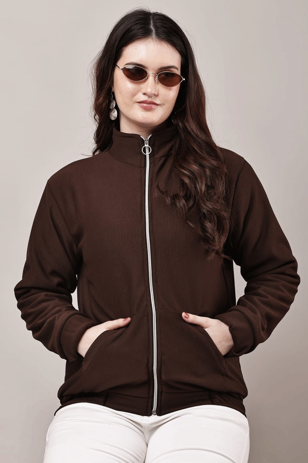     			VEAMOS Women High Neck Regular Jacket ( Brown )