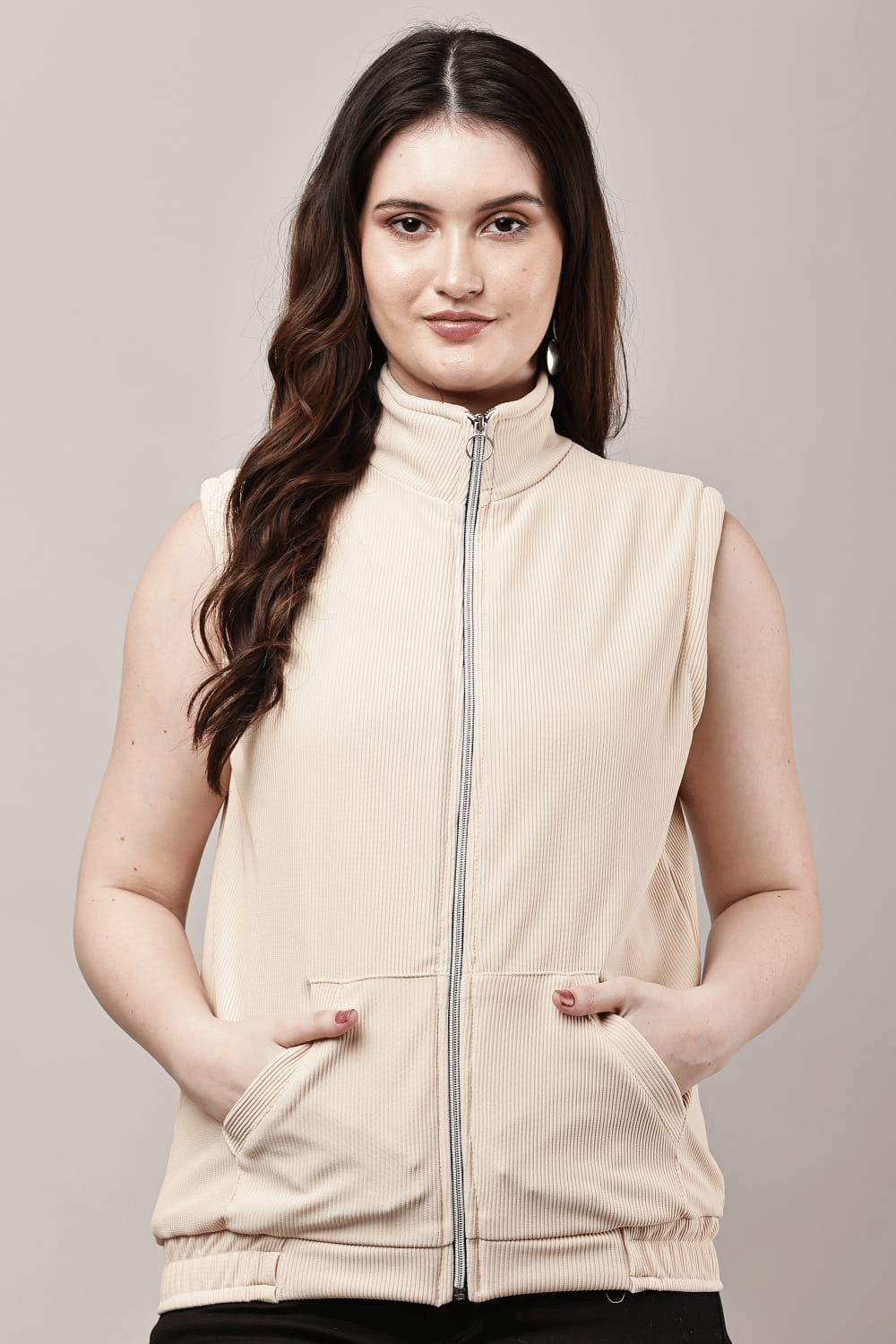    			VEAMOS Women High Neck Regular Jacket ( Cream )