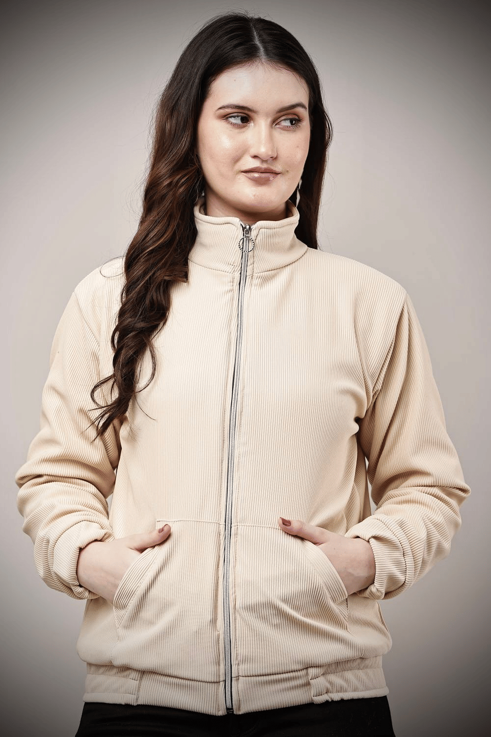     			VEAMOS Women High Neck Regular Jacket ( Cream )