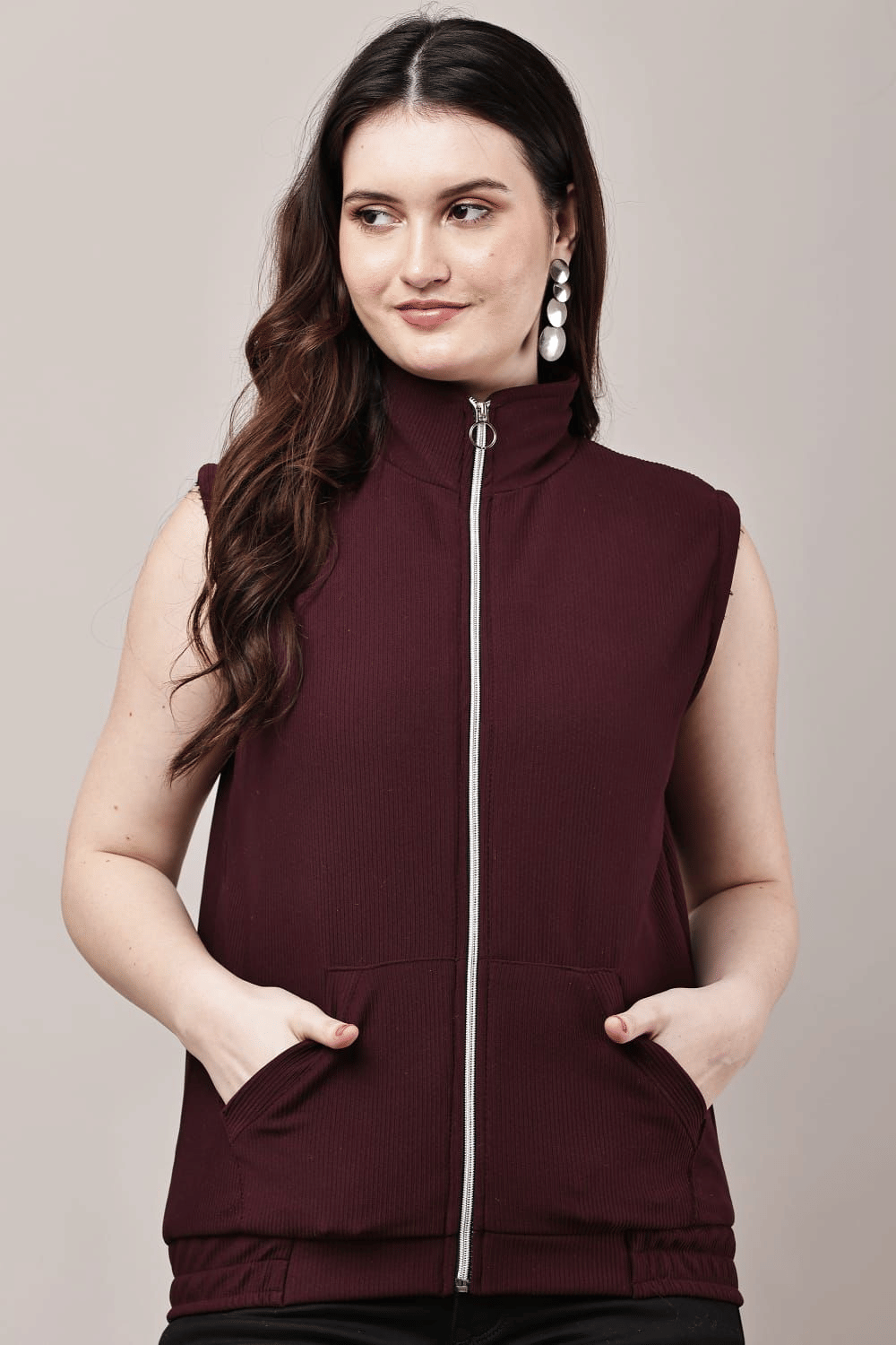 VEAMOS Women High Neck Regular Jacket ( Beige )     			VEAMOS Women High Neck Regular Jacket ( Beige )