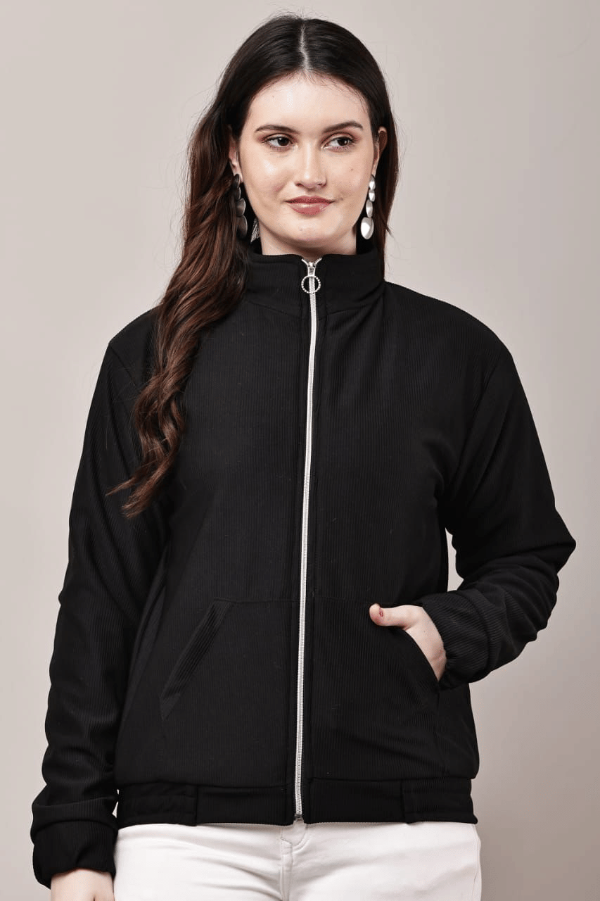 VEAMOS Women High Neck Regular Jacket ( Black )     			VEAMOS Women High Neck Regular Jacket ( Black )
