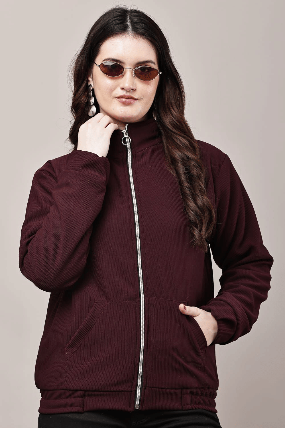 VEAMOS Women High Neck Regular Jacket ( Beige )     			VEAMOS Women High Neck Regular Jacket ( Beige )