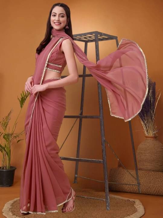 Vividvibe Georgette Self Design Banarasi saree With Unstitched Blouse Piece ( Peach )     			Vividvibe Georgette Self Design Banarasi saree With Unstitched Blouse Piece ( Peach )