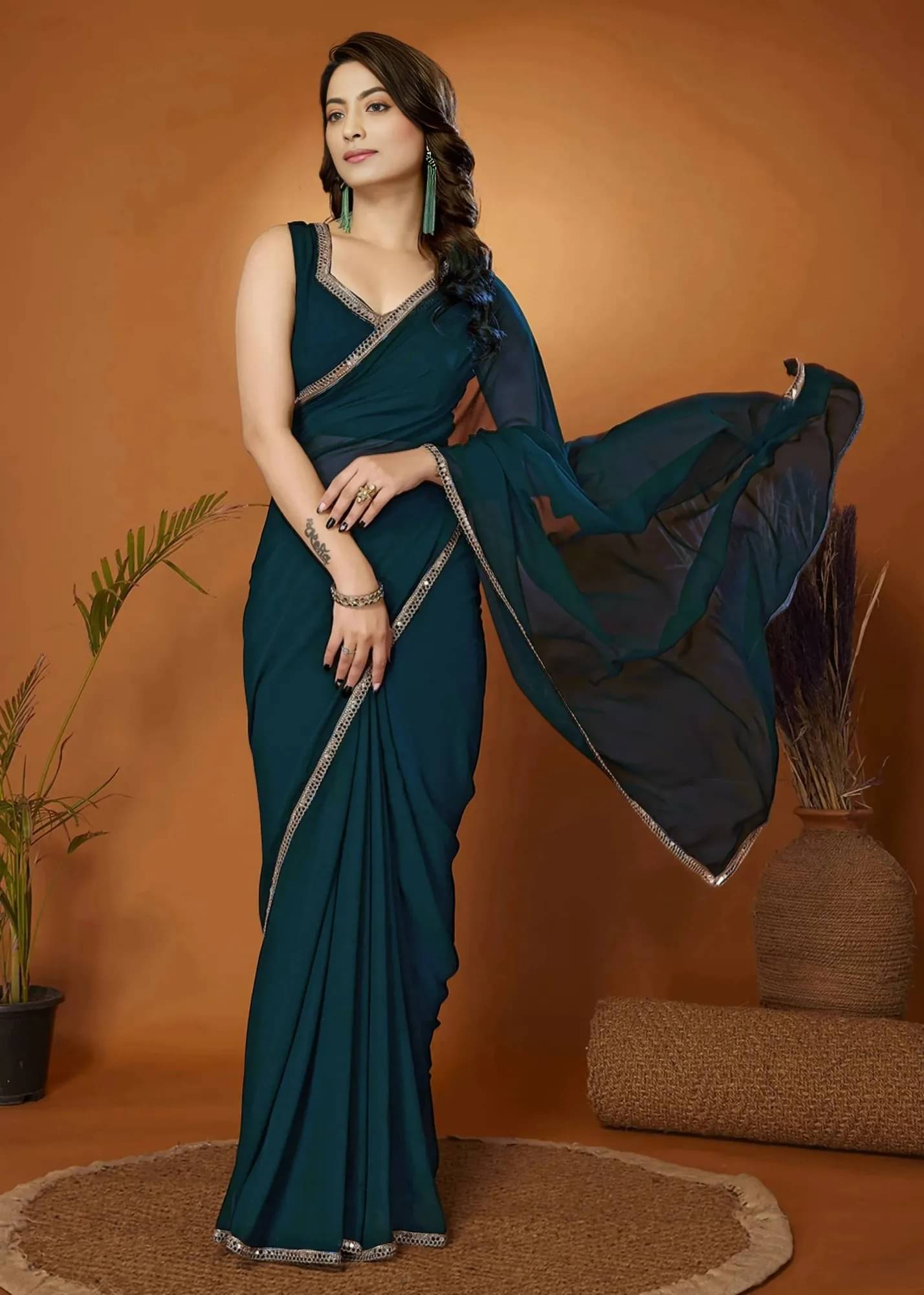 Vividvibe Georgette Self Design Banarasi saree With Unstitched Blouse Piece ( Blue )     			Vividvibe Georgette Self Design Banarasi saree With Unstitched Blouse Piece ( Blue )