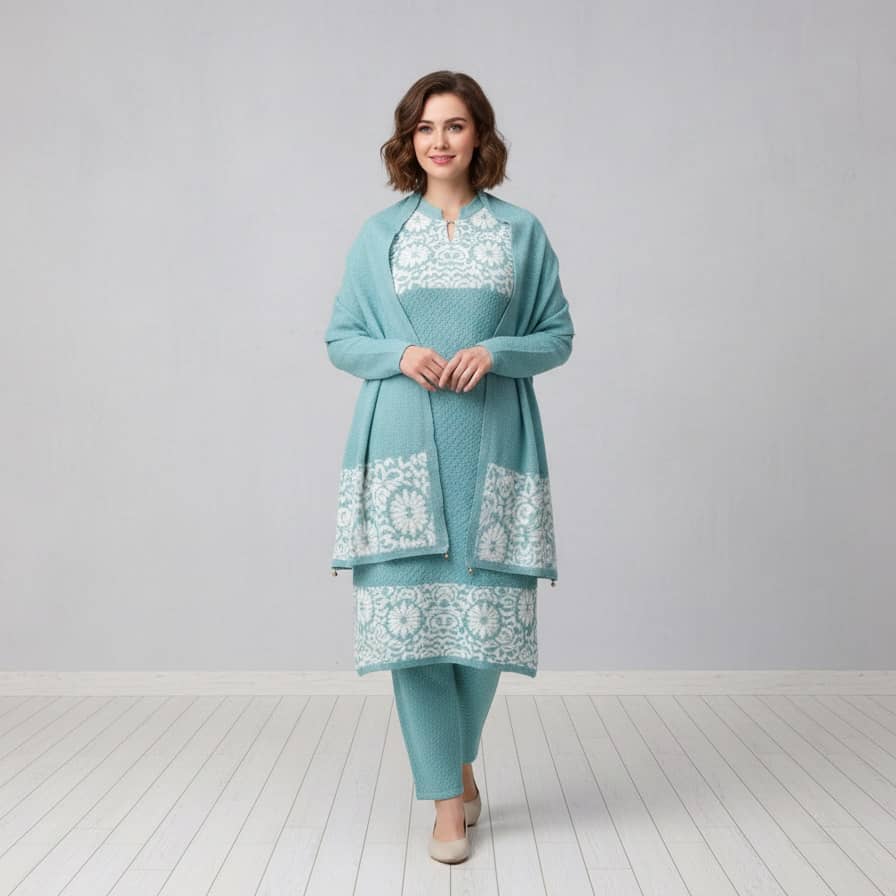 WOOL'S KART Women Woollen Printed A-line Kurti With Palazzo ( Blue )