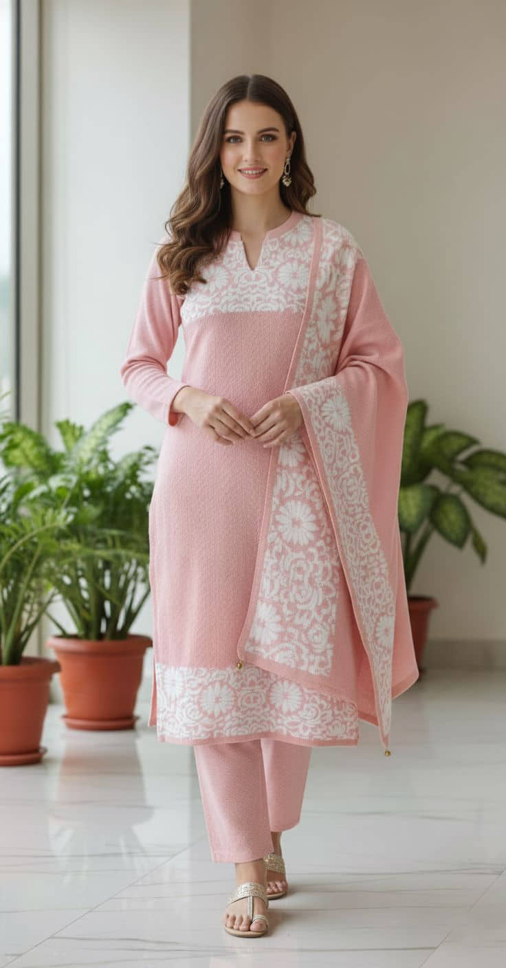 WOOL'S KART Women Woollen Printed A-line Kurti With Palazzo ( Pink )