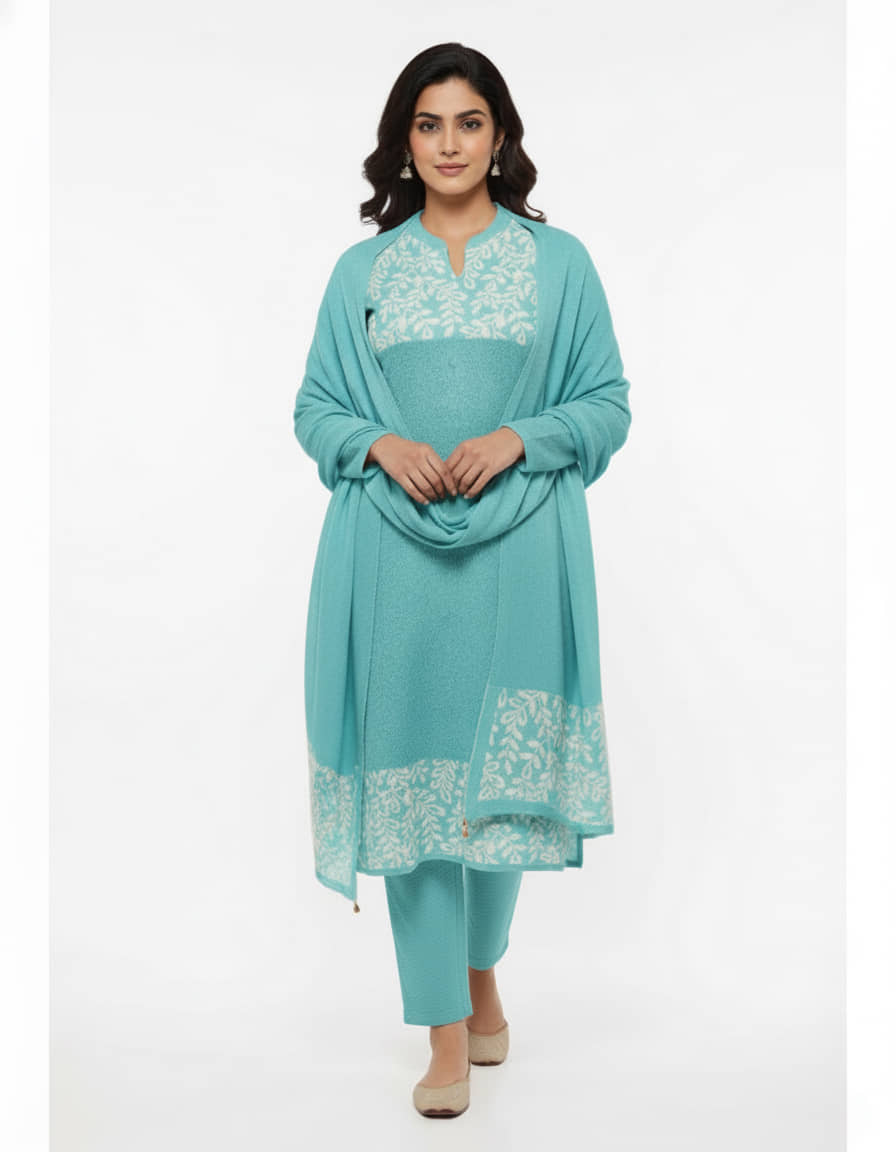 WOOL'S KART Women Woollen Printed A-line Kurti With Palazzo ( Blue )