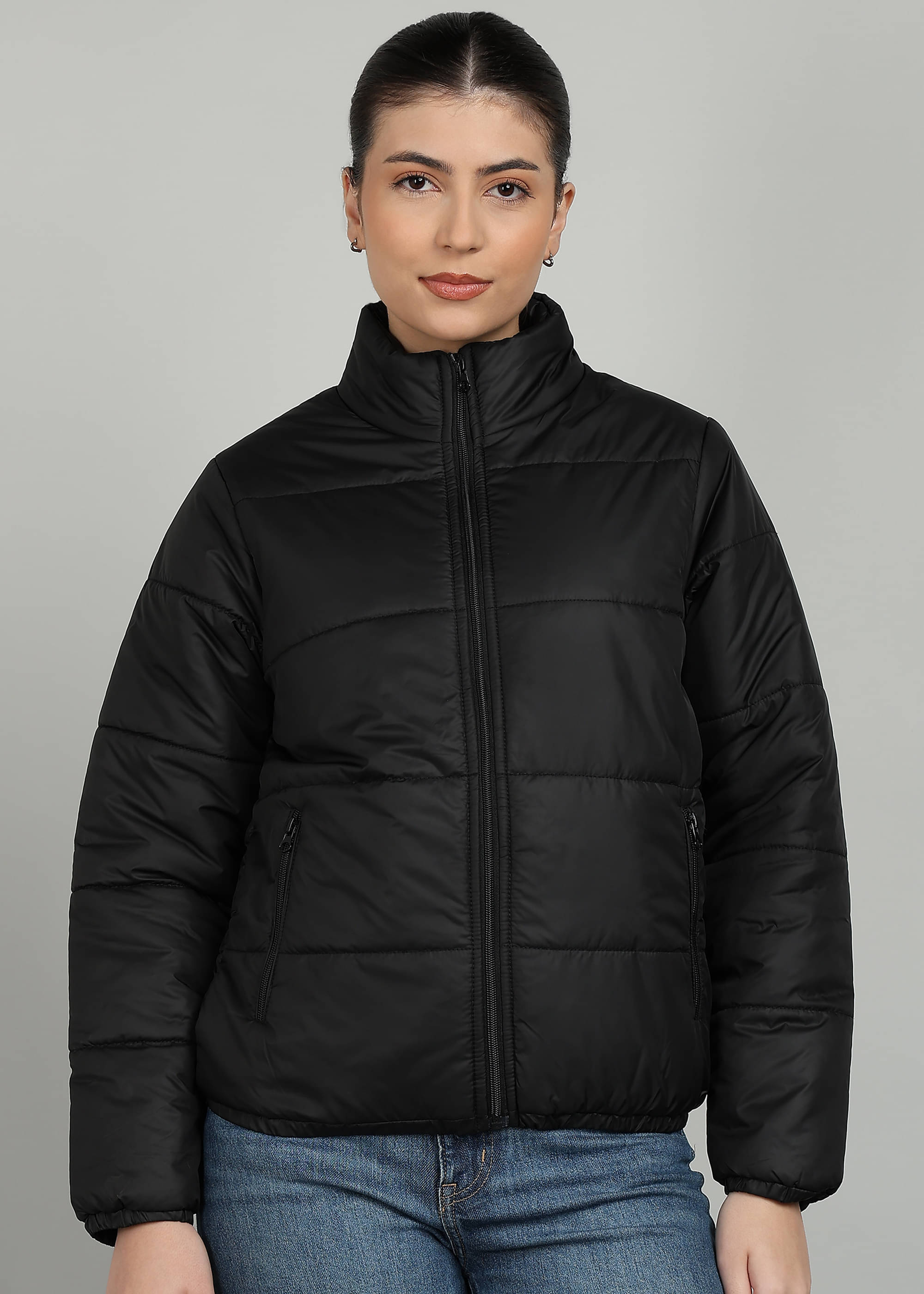 XFOX Women High Neck Puffer Jacket ( Black )     			XFOX Women High Neck Puffer Jacket ( Black )