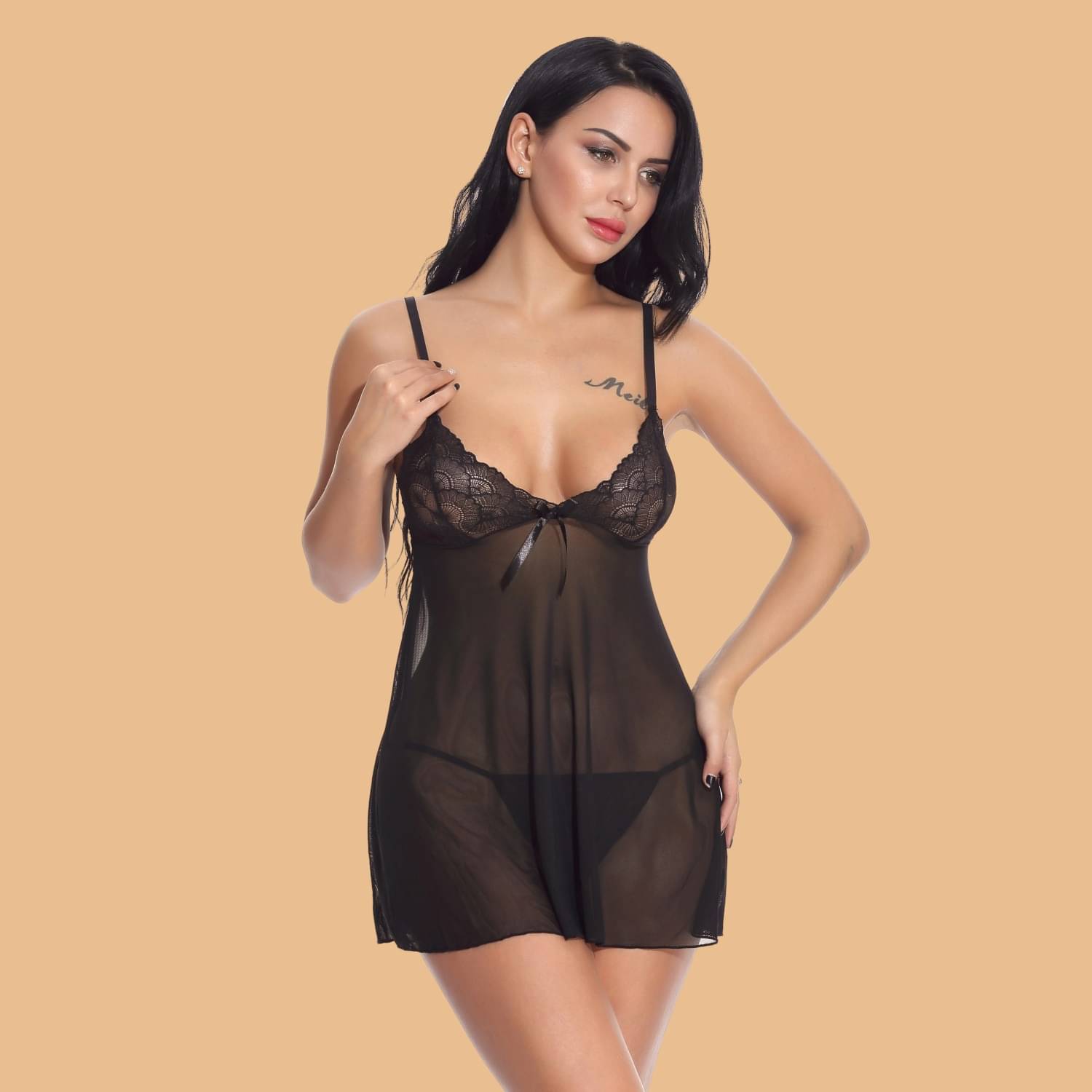     			Zerjama Black Net Women Baby Doll Dress With Panty