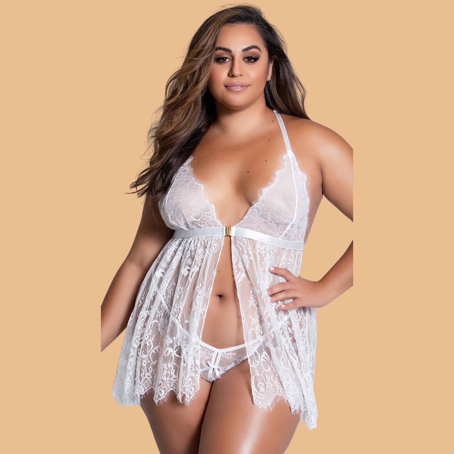     			Zerjama White Lace Women Baby Doll Dress With Panty