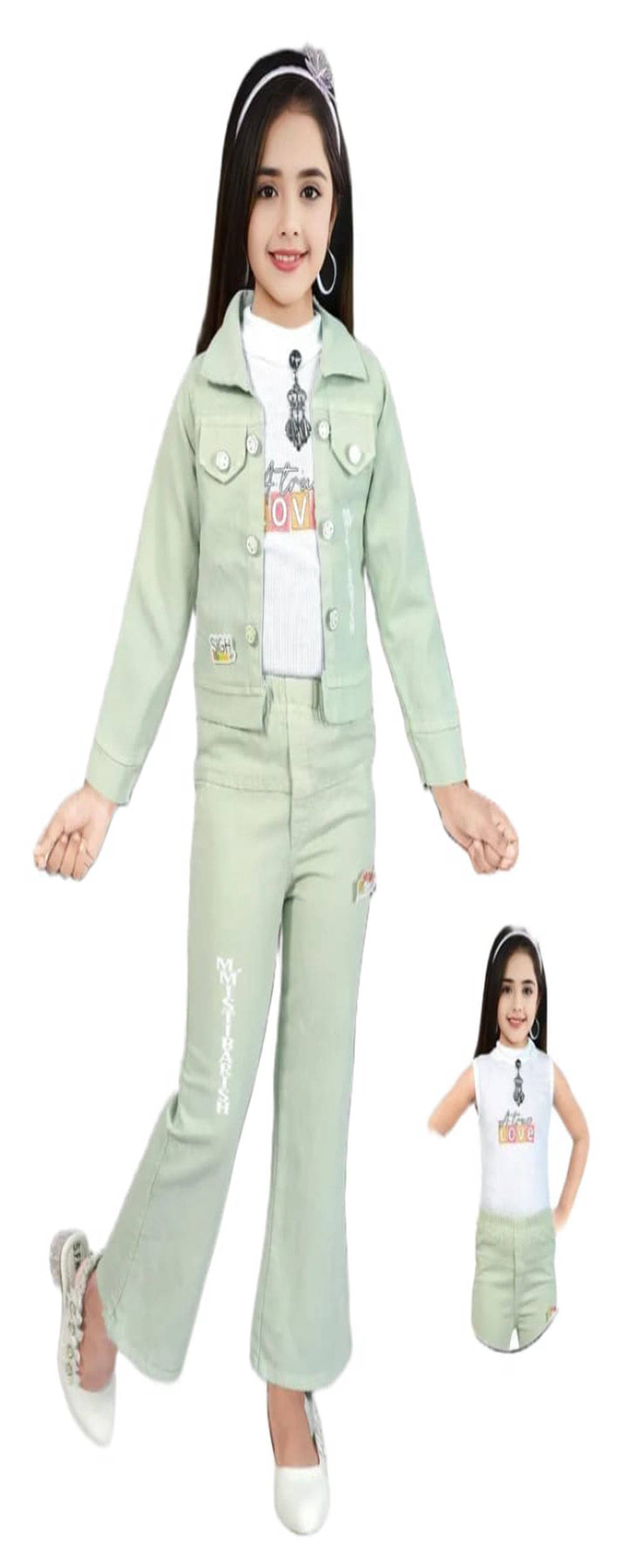 wellkings Pack of 1 Girls Cotton Blend Shirt & Jeans ( Apple Green )     			wellkings Pack of 1 Girls Cotton Blend Shirt & Jeans ( Apple Green )