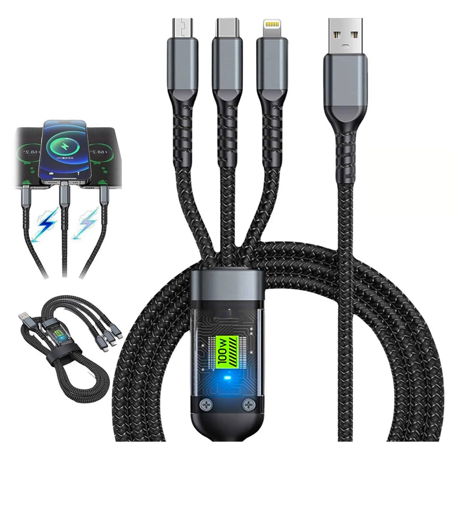 3_in_1 100W Fast Charging 1.5m Long Data Cables - Black 3_in_1 100W Fast Charging 1.5m Long Data Cables - Black