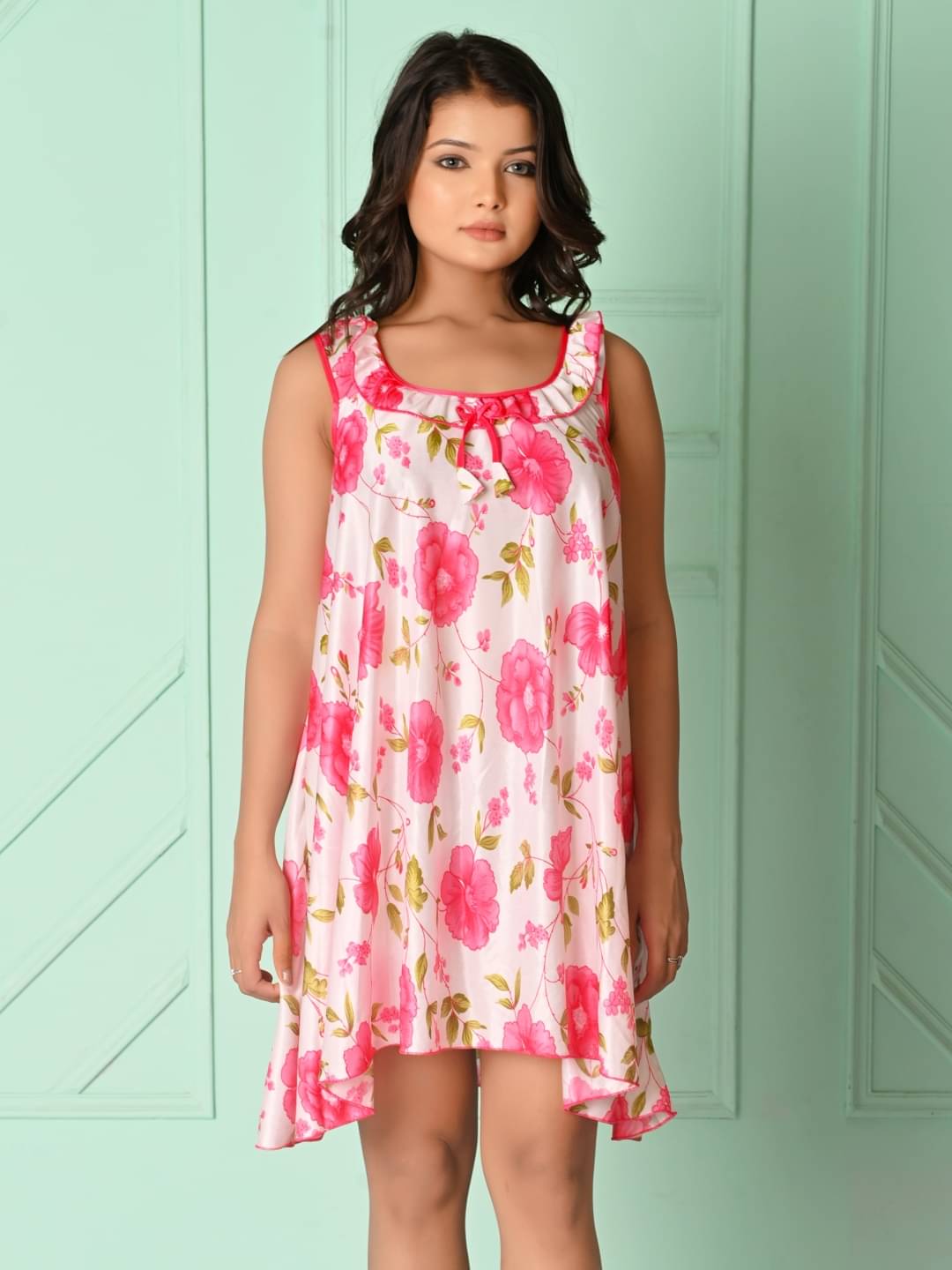 Anjaneya Creations Satin Printed Women Regular Nighty ( White )     			Anjaneya Creations Satin Printed Women Regular Nighty ( White )