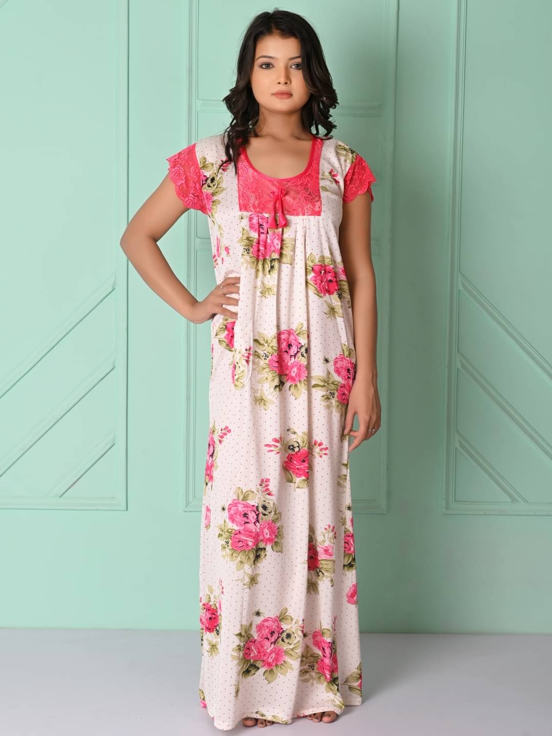     			Anjaneya Creations Satin Printed Women Regular Nighty ( White )