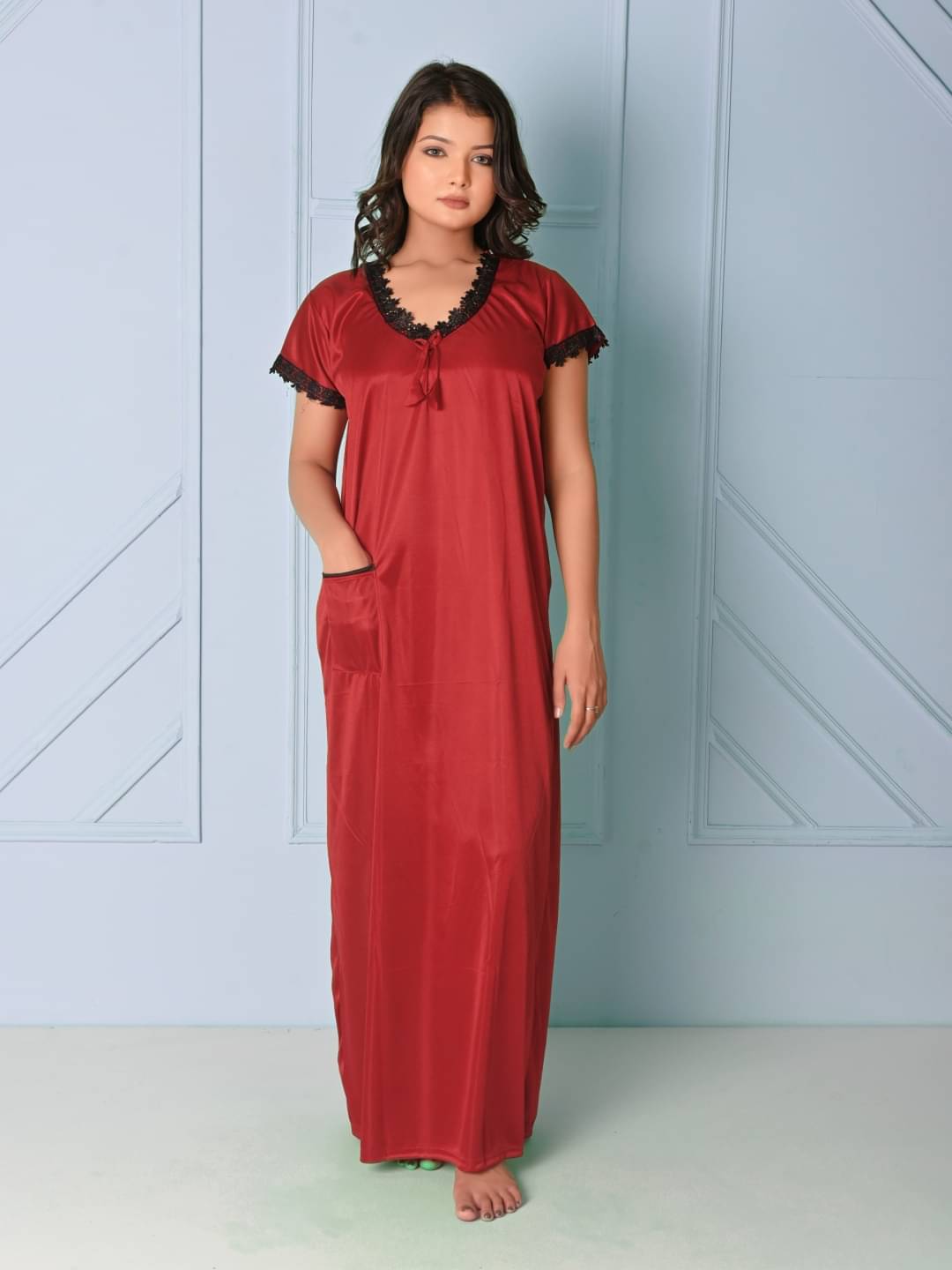     			Anjaneya Creations Satin Solid Women Regular Nighty ( Maroon )