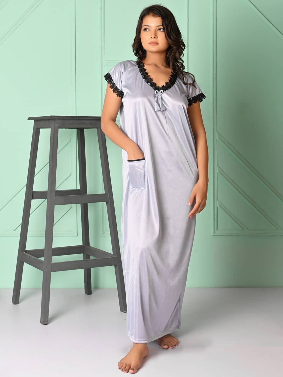     			Anjaneya Creations Satin Solid Women Regular Nighty ( Silver )