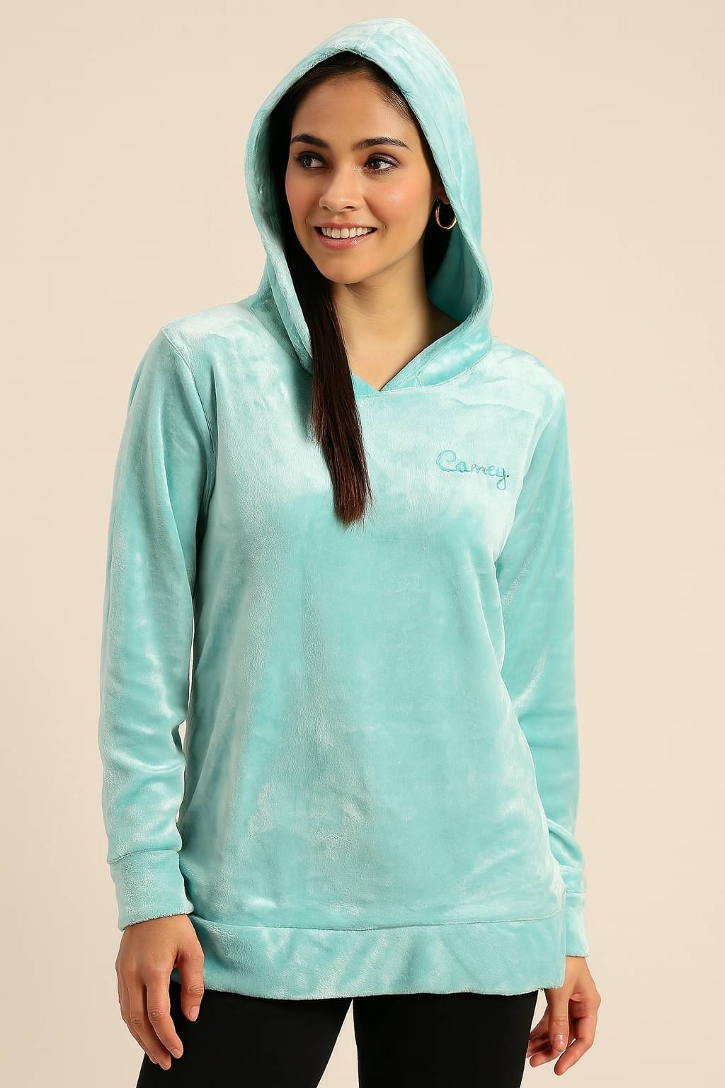 Camey Women Fleece Hooded Sweatshirt For Heavy Winters ( Turquoise )     			Camey Women Fleece Hooded Sweatshirt For Heavy Winters ( Turquoise )