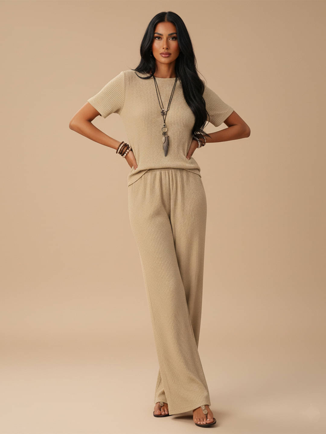 DE TRENDZ Women Solid T-Shirt With Trousers Co-Ord Set ( Beige )     			DE TRENDZ Women Solid T-Shirt With Trousers Co-Ord Set ( Beige )