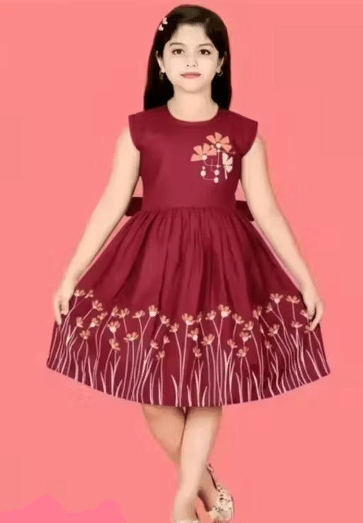 DS DRESSES Cotton Blend Frock For Girls ( Pack of 1 , Maroon )