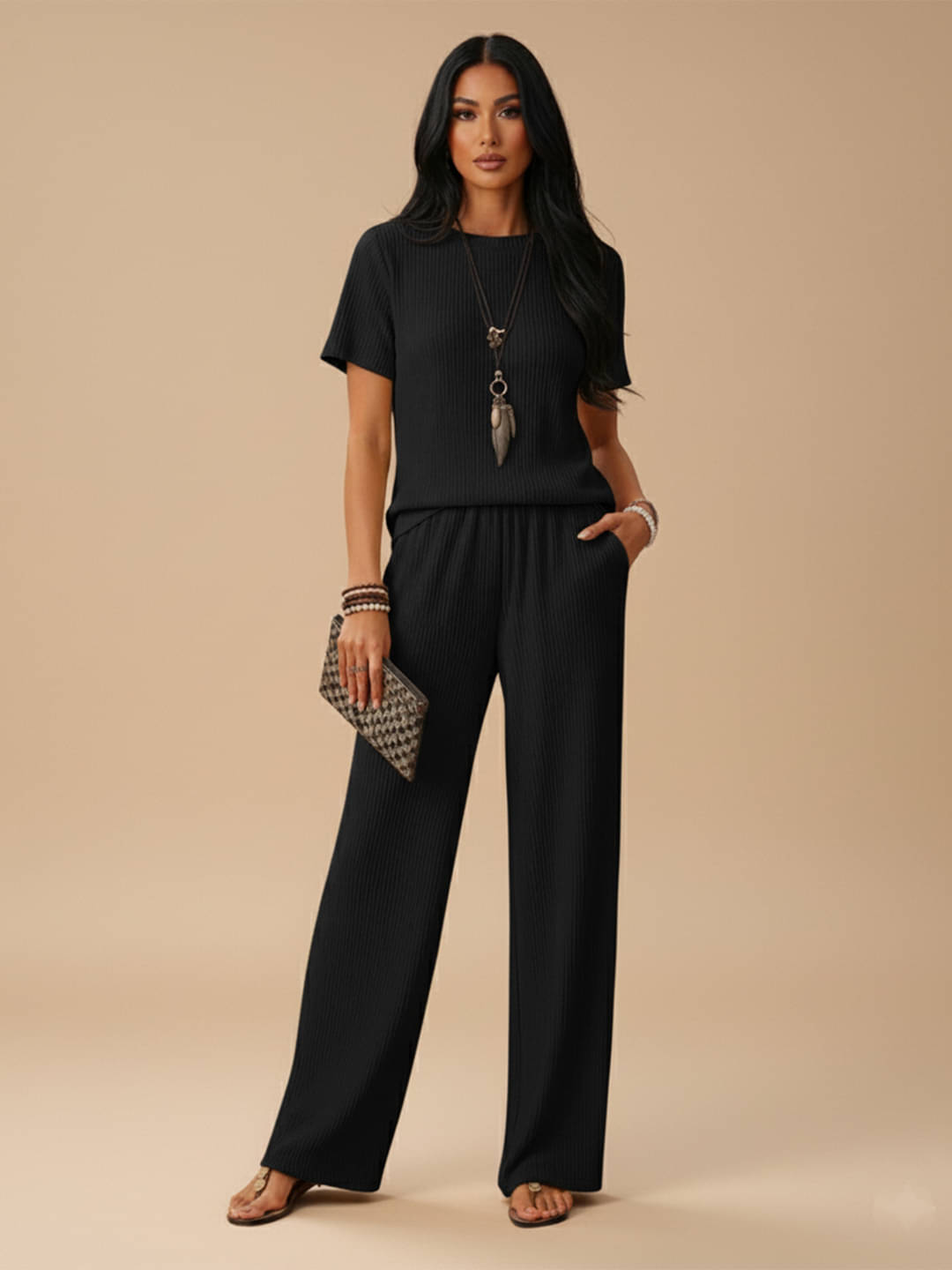     			DTR FASHION Women Solid T-Shirt With Trousers Co-Ord Set ( Black )