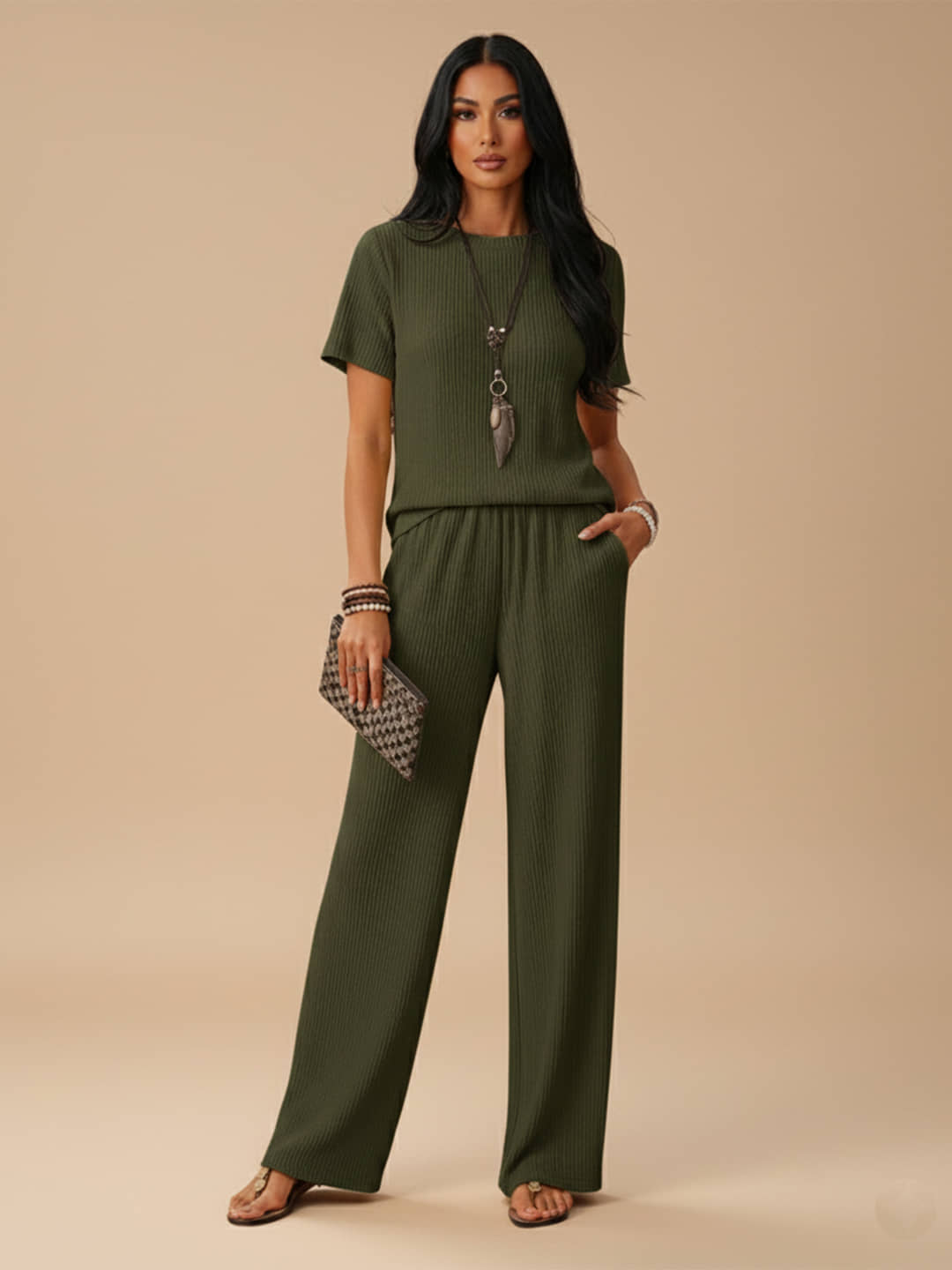 DTR FASHION Women Solid T-Shirt With Trousers Co-Ord Set ( Green )