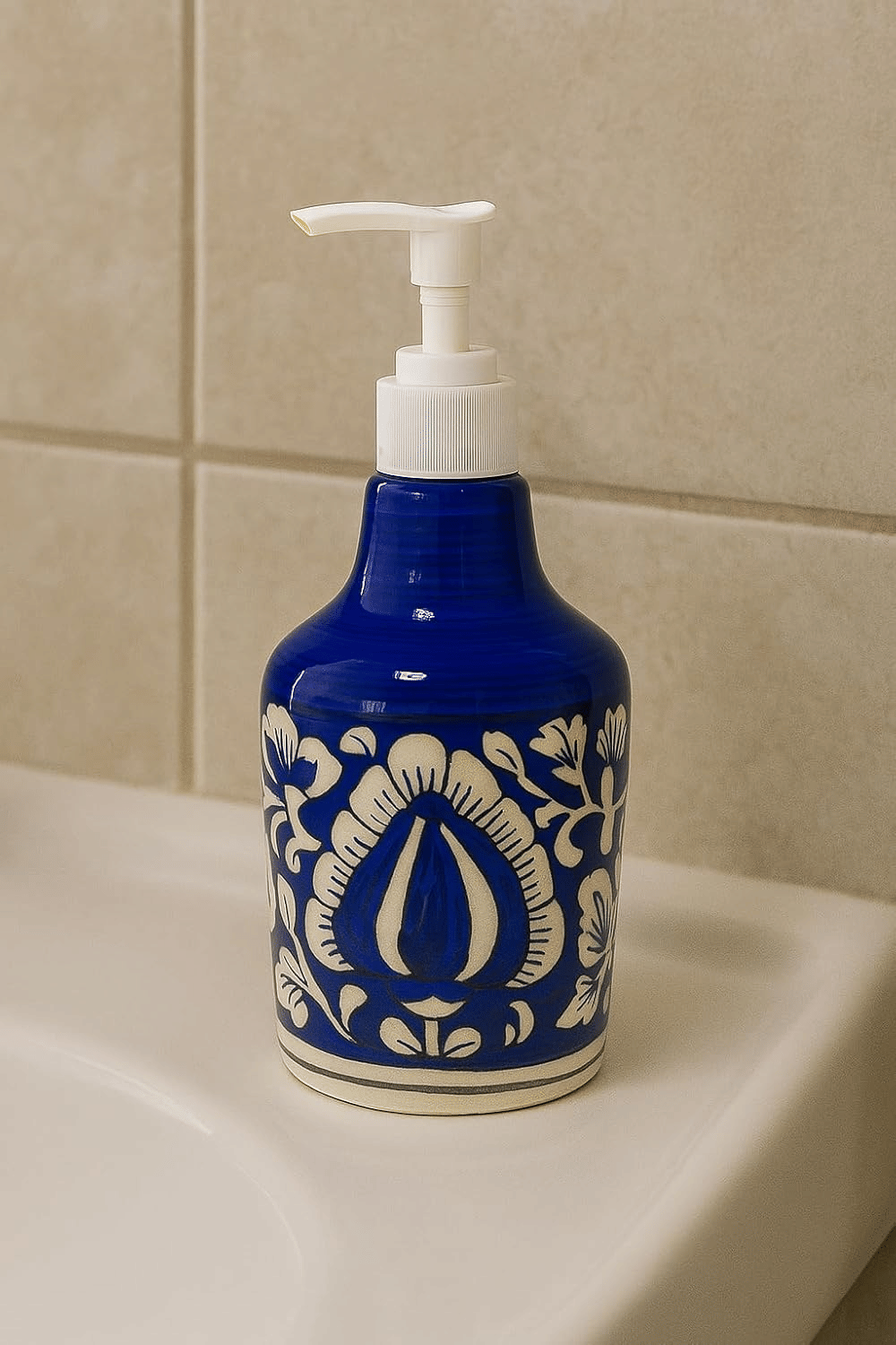 Decorative Ceramic Soap Dispenser, Blue and White Floral Pattern, Pump Bottle     			Decorative Ceramic Soap Dispenser, Blue and White Floral Pattern, Pump Bottle