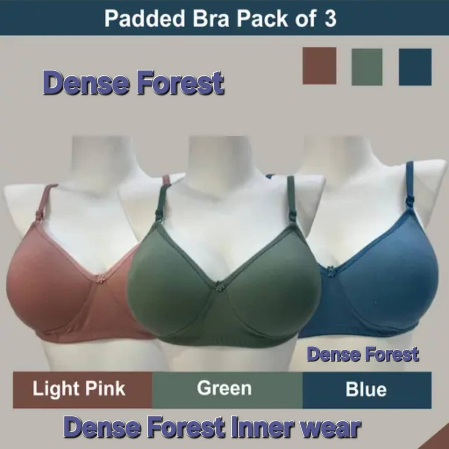 Dense Forest Pack of 3 Nylon Lightly Padded Everyday Bra For Women ( Multicolor 3 )     			Dense Forest Pack of 3 Nylon Lightly Padded Everyday Bra For Women ( Multicolor 3 )