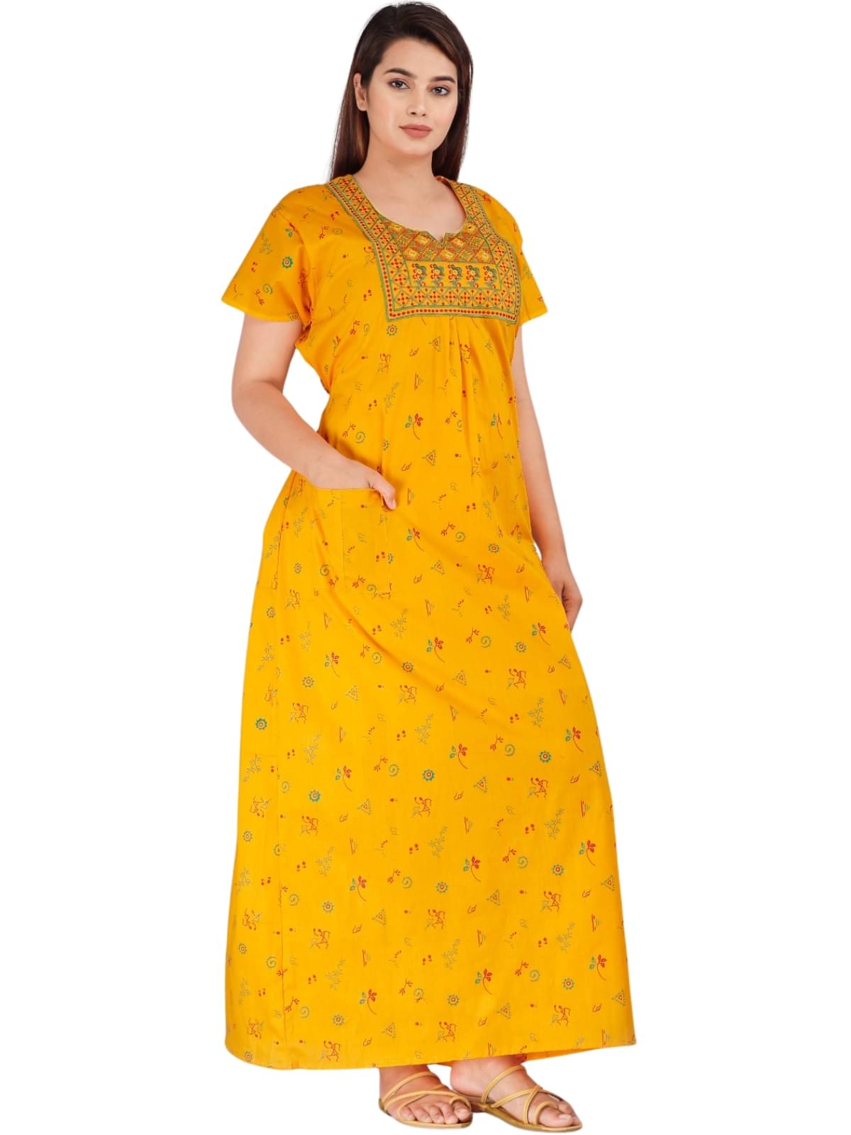Dgsm Craft Cotton Blend Printed Women Regular Nighty ( Yellow )     			Dgsm Craft Cotton Blend Printed Women Regular Nighty ( Yellow )