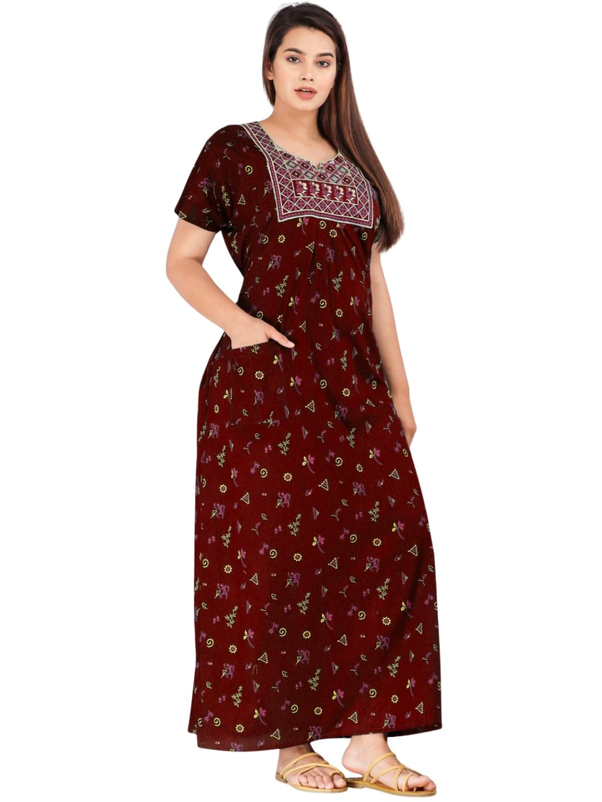 Dgsm Craft Cotton Blend Printed Women Regular Nighty ( Maroon )     			Dgsm Craft Cotton Blend Printed Women Regular Nighty ( Maroon )