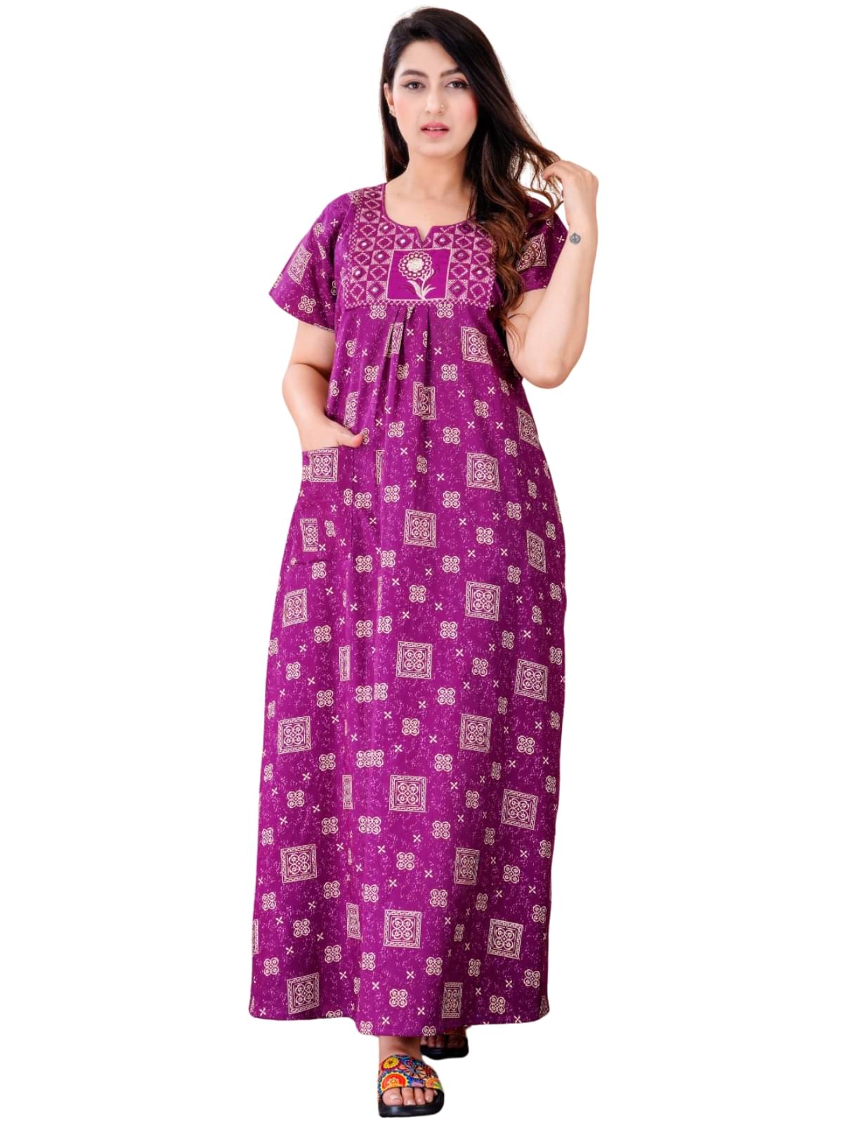Dgsm Craft Cotton Blend Printed Women Regular Nighty ( Purple )     			Dgsm Craft Cotton Blend Printed Women Regular Nighty ( Purple )