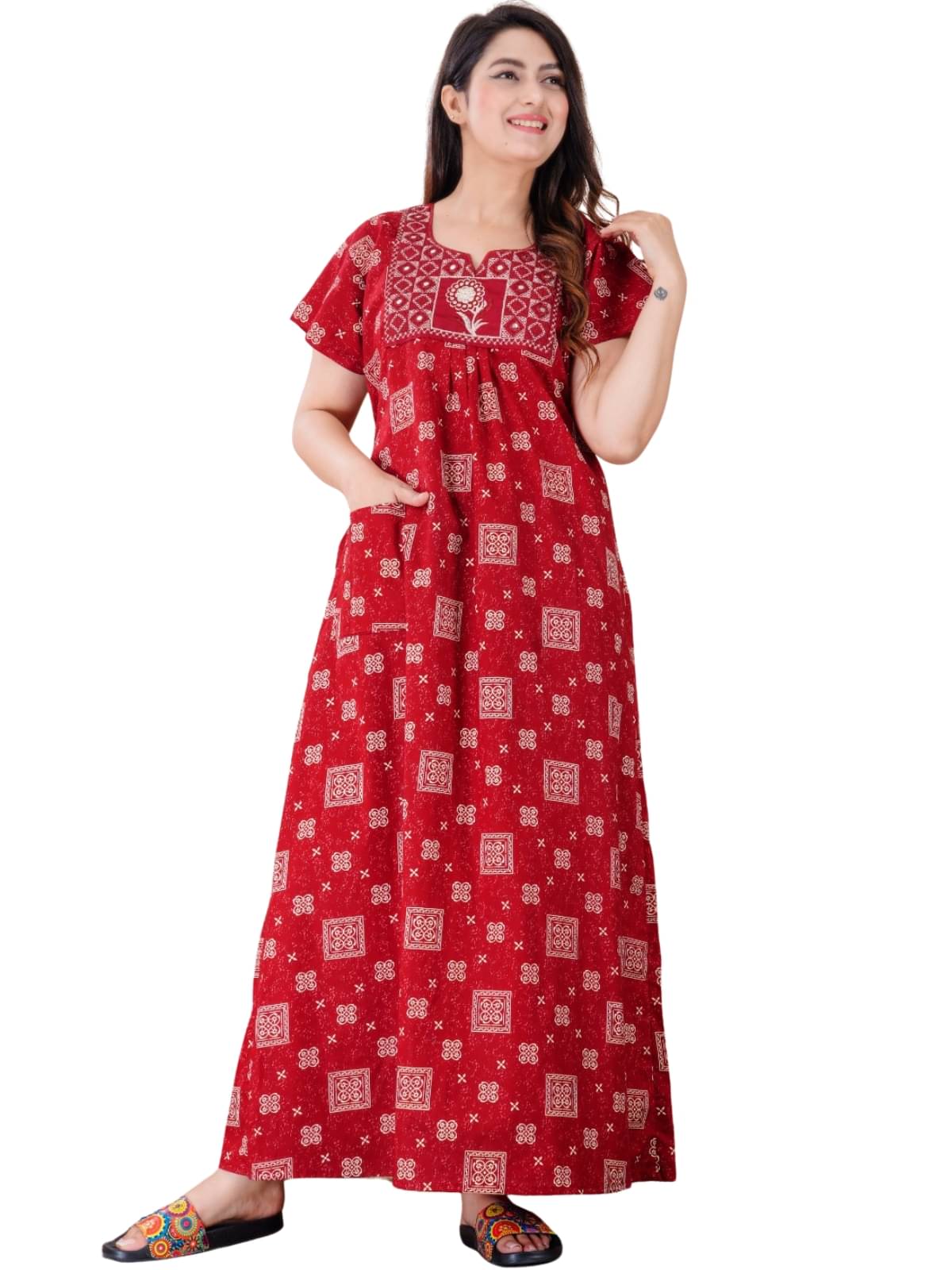     			Dgsm Craft Cotton Blend Printed Women Regular Nighty ( Red )
