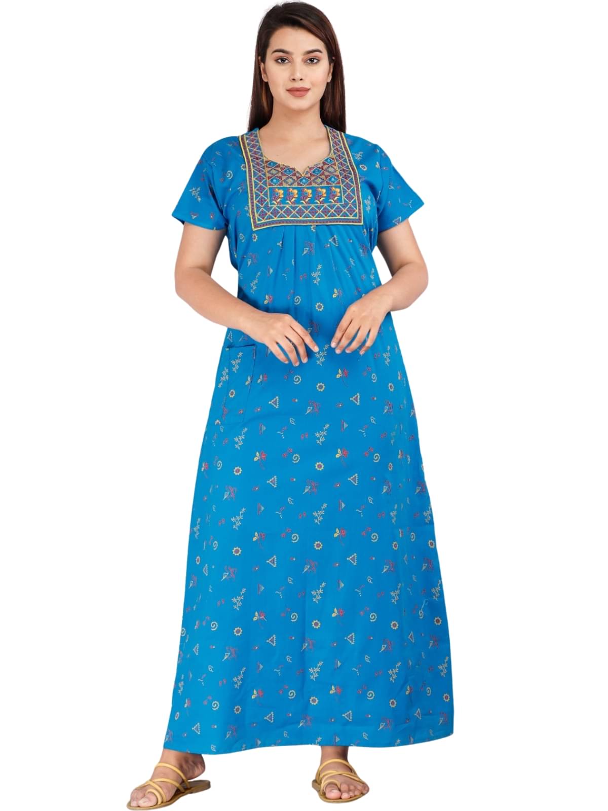 Dgsm Craft Cotton Blend Printed Women Regular Nighty ( Light Blue )     			Dgsm Craft Cotton Blend Printed Women Regular Nighty ( Light Blue )