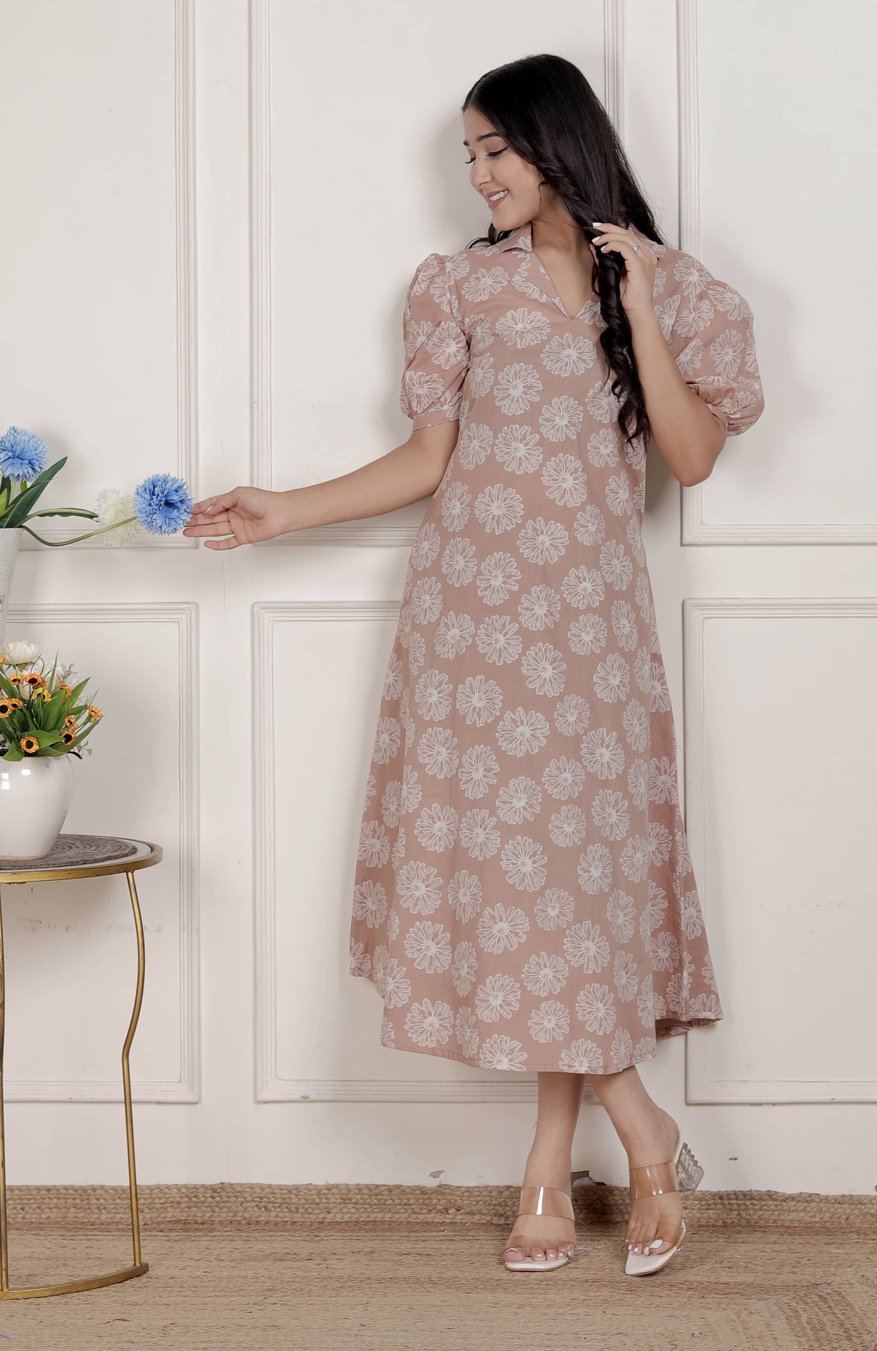 Doriyaan Women Cotton Printed A-line Dress ( Brown ) Doriyaan Women Cotton Printed A-line Dress ( Brown )